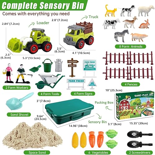 Miniatura 6 de Aliex Contenedor sensorial de granja, kits sensoriales de granja de juguete con arena de juego de 2.2 libras, 31 piezas de animales, camiones,
