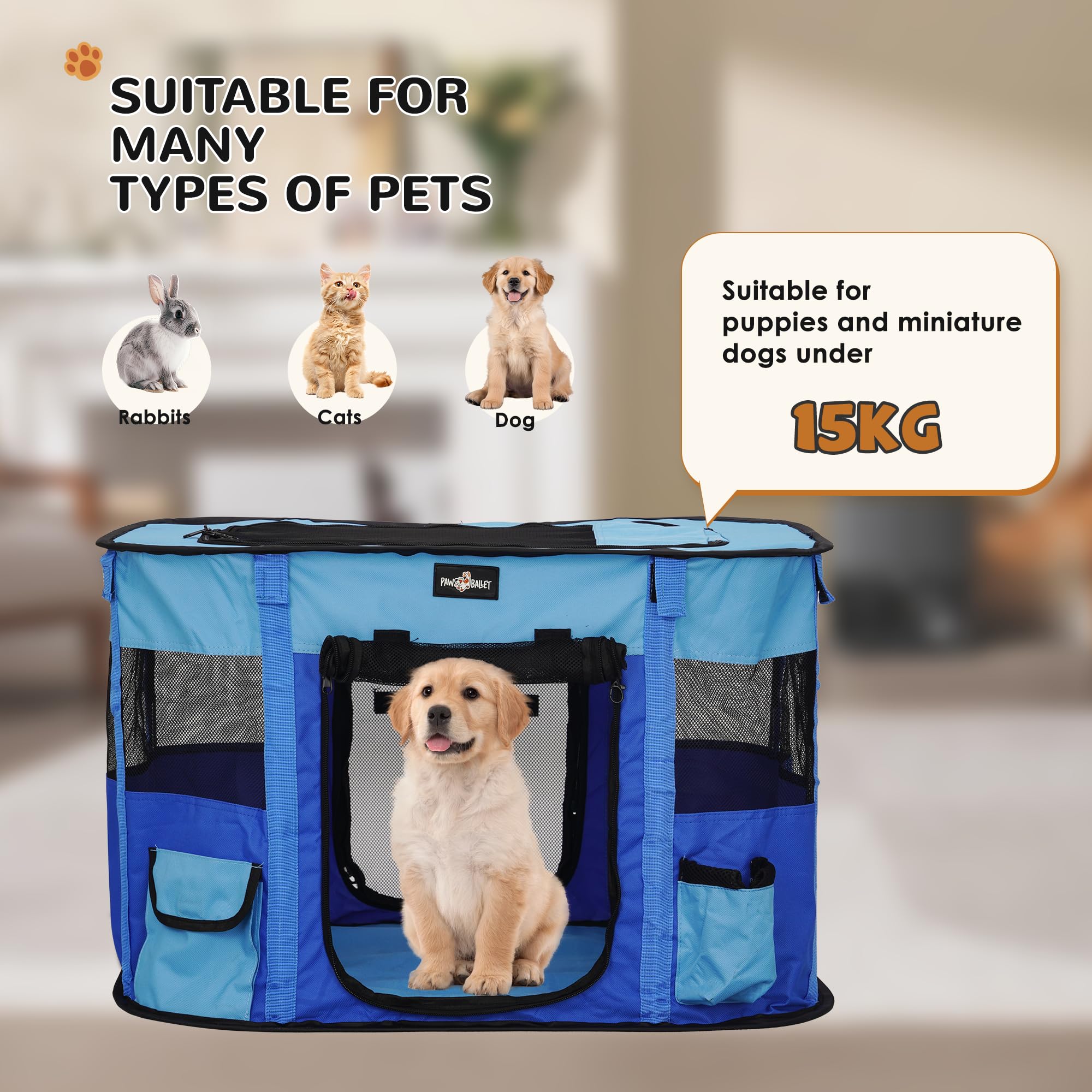 Hundestall, tragbarer Welpenstall 70 x 55 x 45 cm, Tierstall für den Hausgebrauch, Innen- und Außenstall für Hunde, Katzen, Welpen (Blau L)