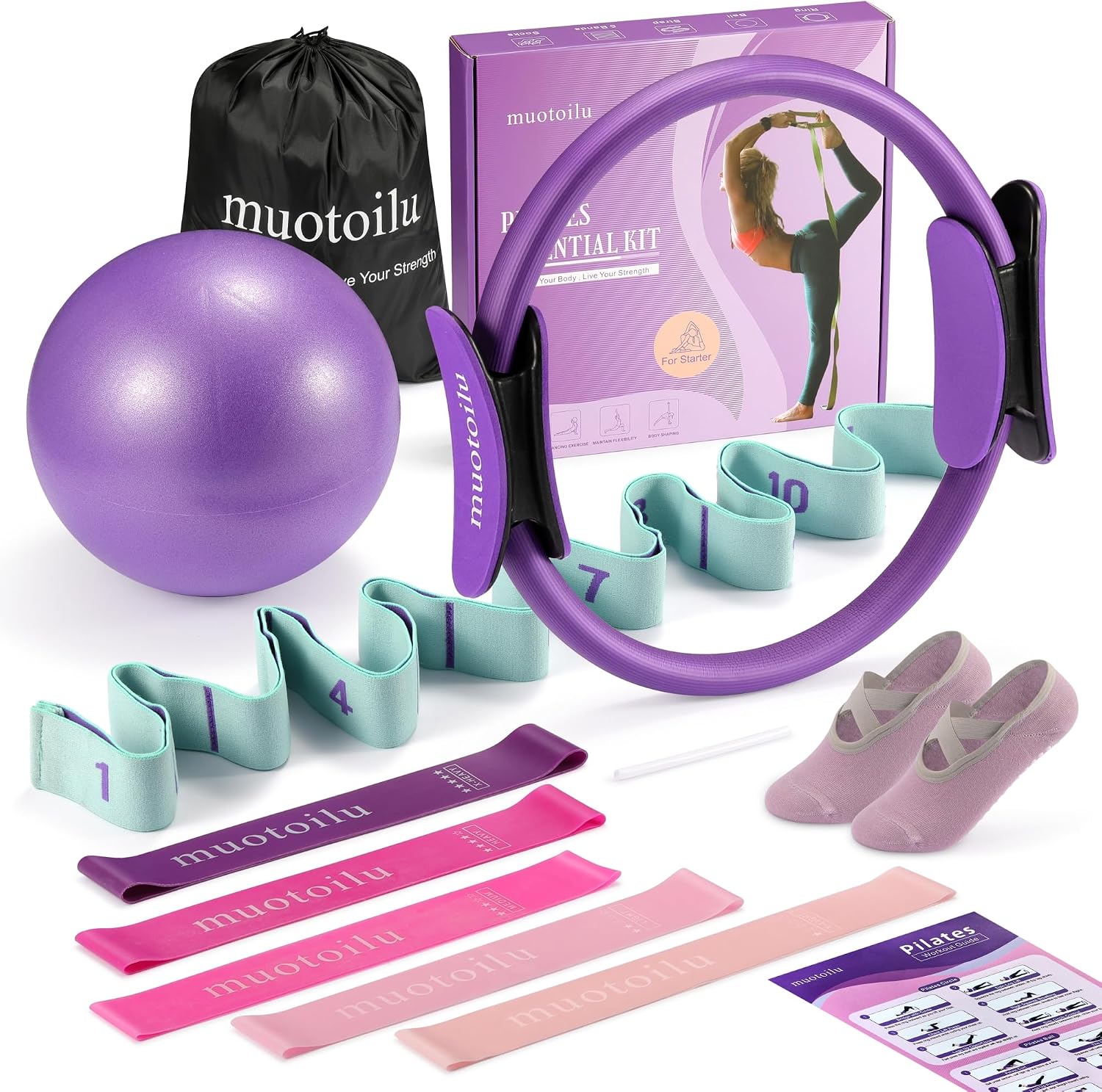 Pilates Ring Kit for Home Workouts - 14" Ring, Ball, 5 Bands