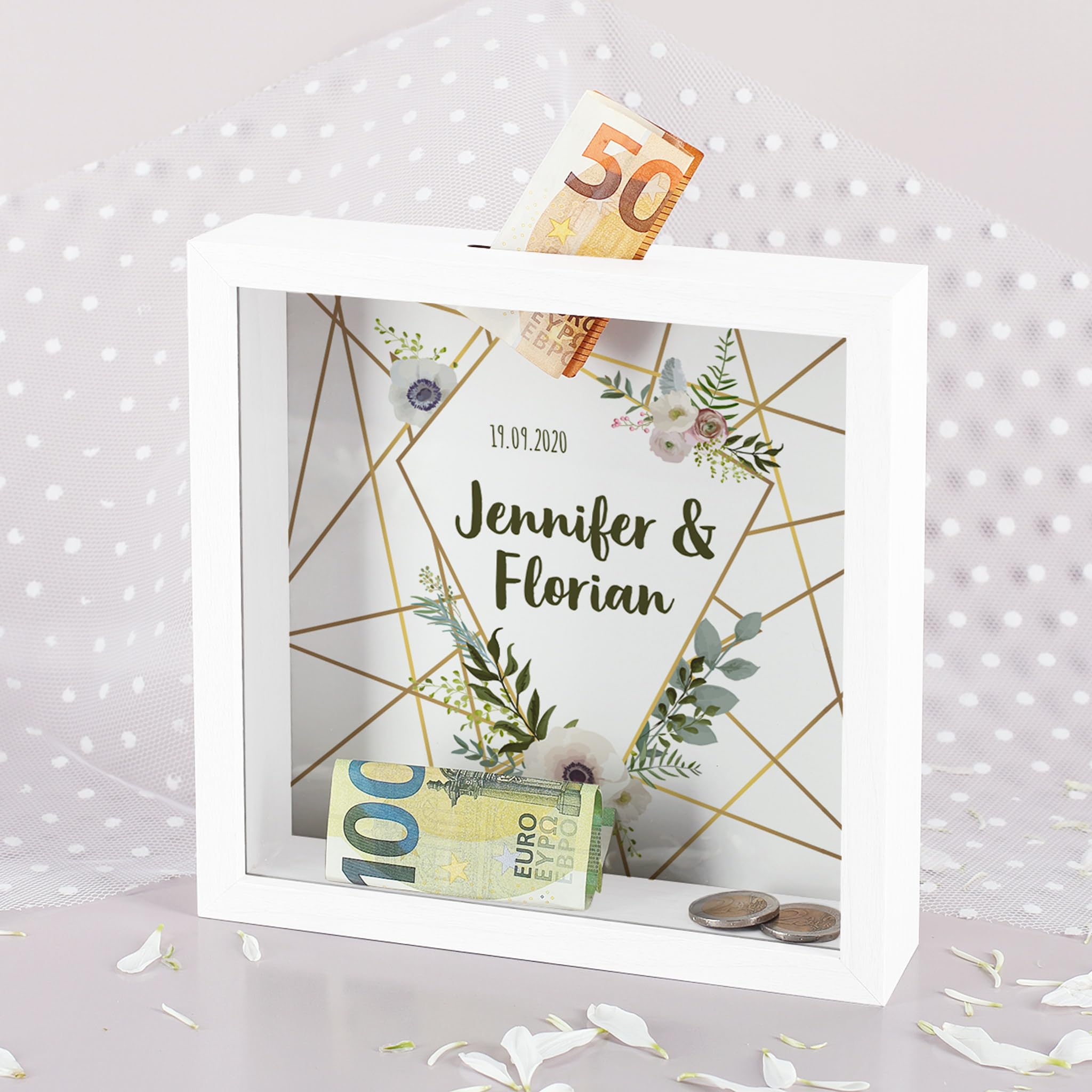 Herz & Heim® Personalisierte Spardose Als Geldgeschenk – Mit Namen & Datum, 13x13x5 Cm, Holz, Für Hochzeit & Geburtstag