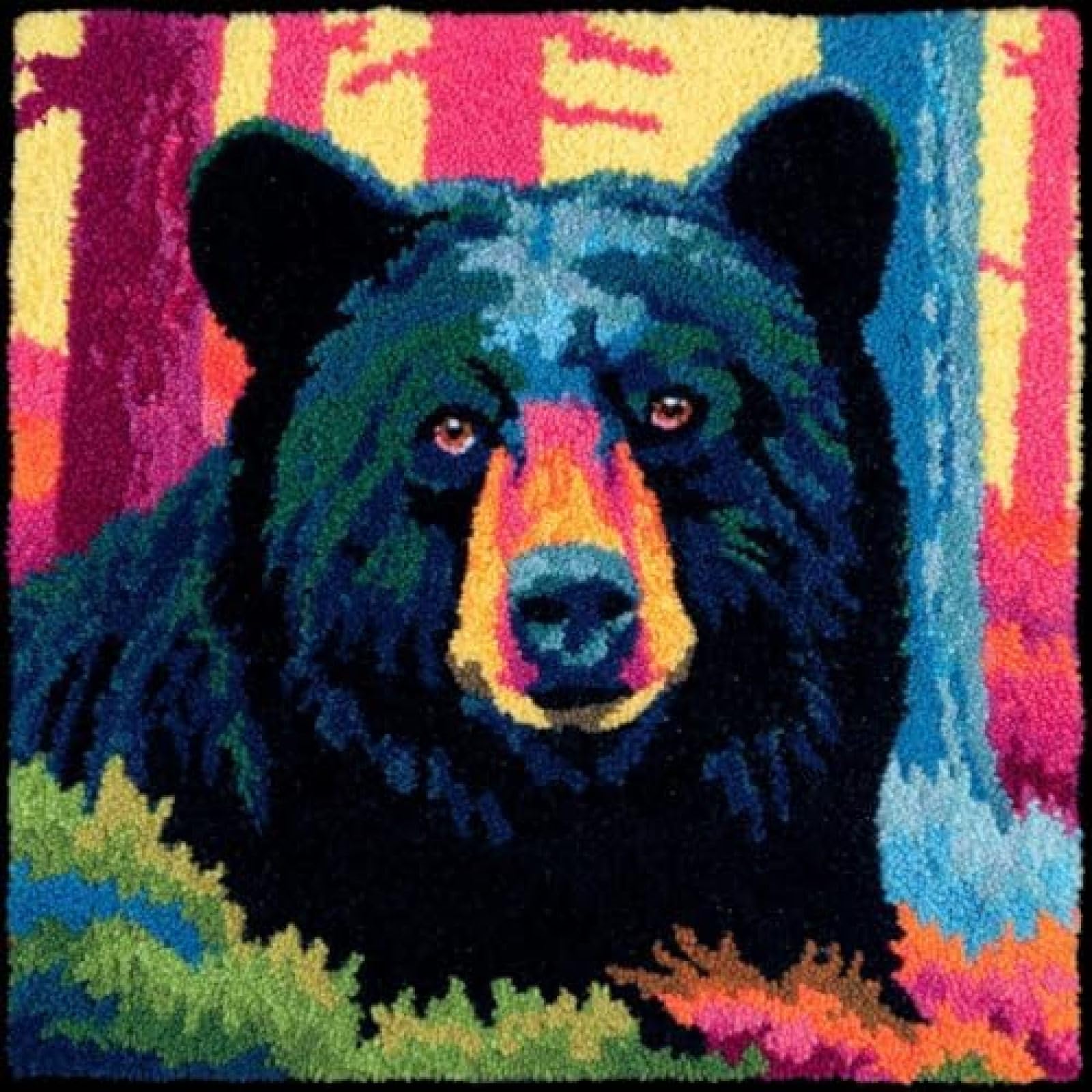kitphoenix DIY Latch Hook Pillow Cover Kit,Black Bear Portrait in Forest,Adults Craft Kit with Pre-Printed Embroidery Canvas,Yarn and Hook,43x43 cm Cushion Cover for Home Décor