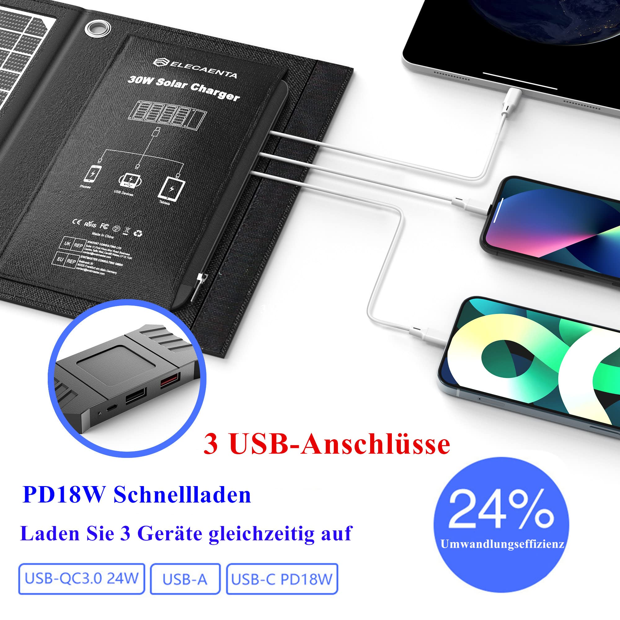 ELECAENTA 30W ETFE Przenośna Ładowarka Solarna 3 Porty USB PD18W QC3.0 USB-C Zamek Panel Słoneczny Przenośny Zestaw Paneli Słonecznych Wodoodporny dla Telefonów Komórkowych Smartfonów Tablet Powerbank