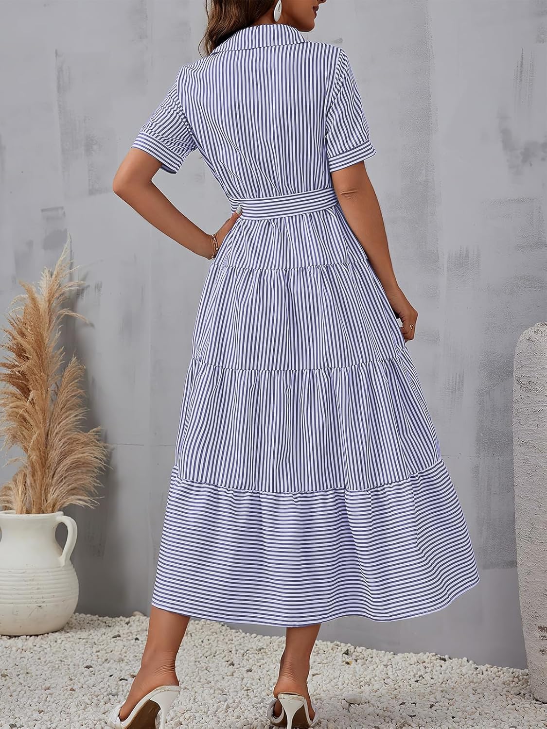 ebossy Women's Boho Striped Shirt Dress Button Down Belted Flowy Ruffles Loose A Line Maxi Long Dress with Pockets - Image 3