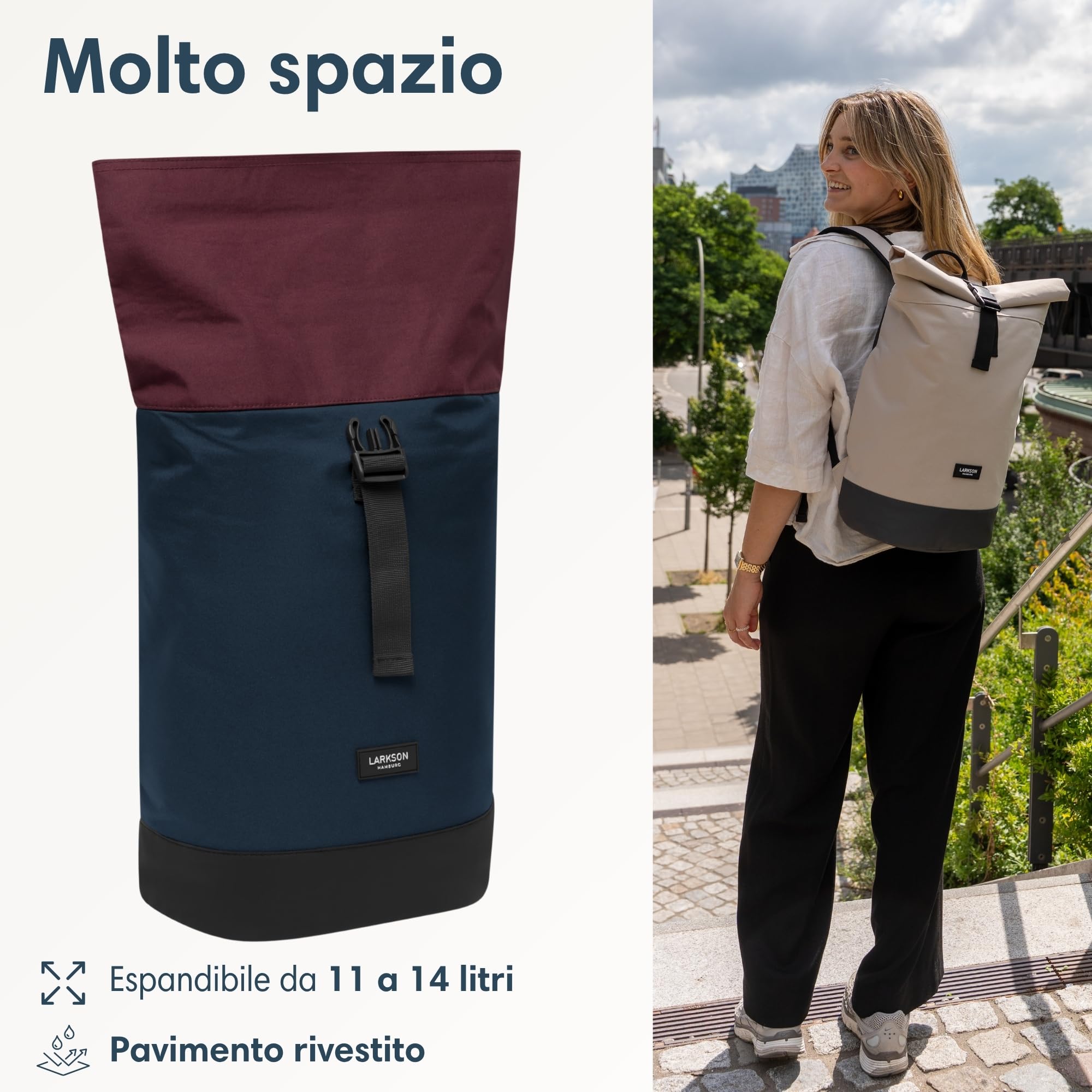 LARKSON Zaino Donna & Uomo Blu Rosso - Janne Small - Zaino roll-top con Scomparto per Laptop per Università, Lavoro, Viaggi e Bicicletta - Zainetto Piccolo - Idrorepellente