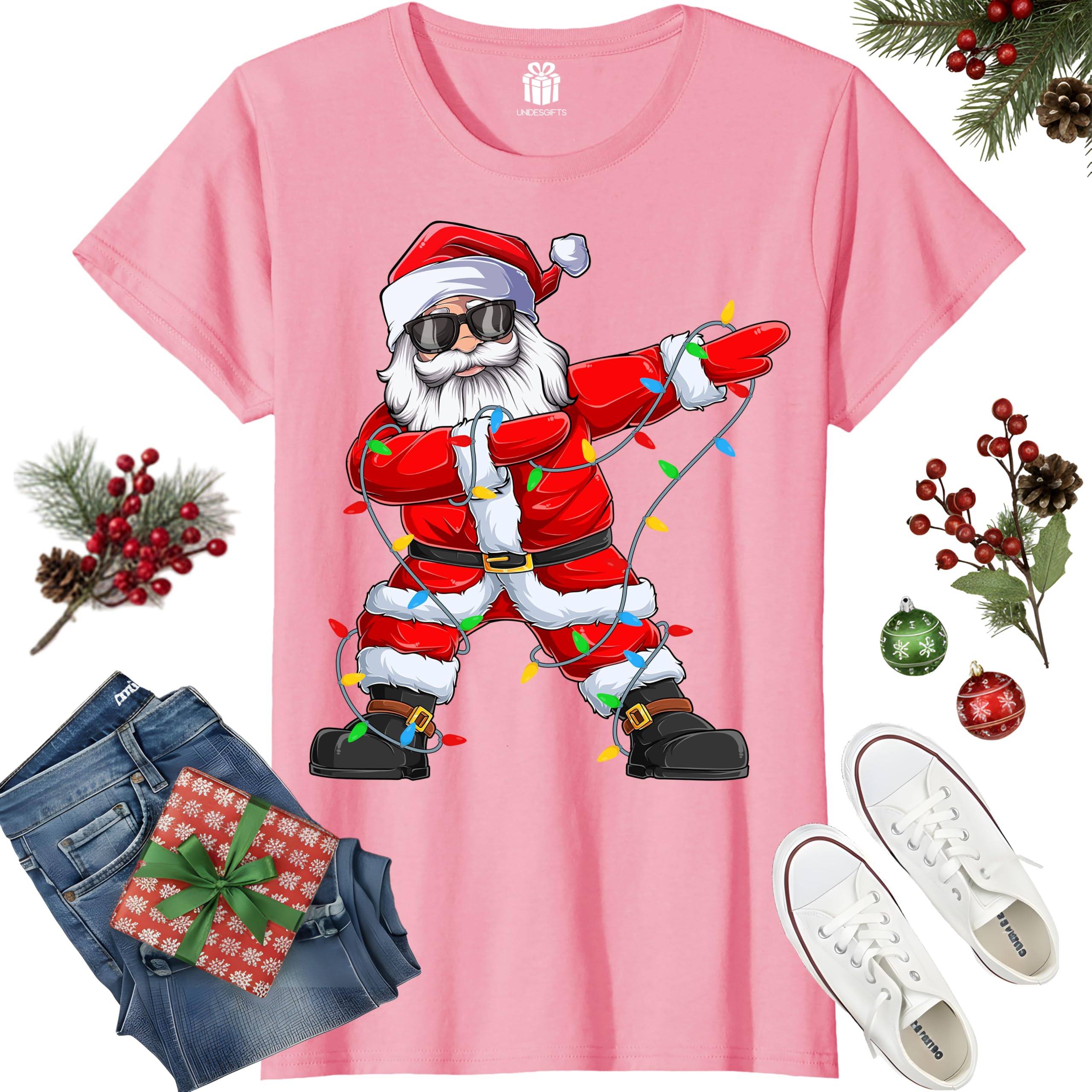 Dabbing Santa Christmas Red Lights T-Shirt for Men, Boys, Girls and Kids, Funny Dad Boyfriend Son