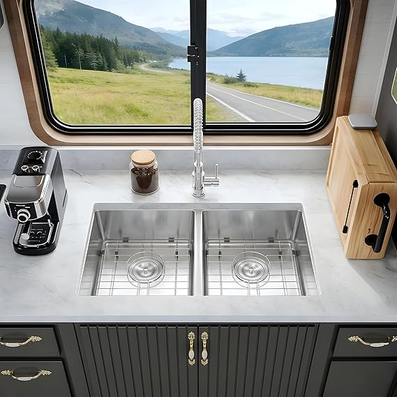 Kitsitchen RV Ktichen Sink,16 Gauge 304S Stainless Steel Undermount Kitchen Sink with Strainer & Bottom Gird, 27 x 16 x 7 Double Bowl Kitchen Sinks Used at RV, Outdoor,Bathroom and Trailer