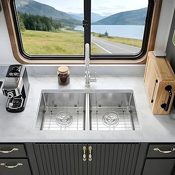 Kitsitchen RV Ktichen Sink,16 Gauge 304S Stainless Steel Undermount Kitchen Sink with Strainer & Bottom Gird, 27 x 16 x 7 Double Bowl Kitchen Sinks Used at RV, Outdoor,Bathroom and Trailer