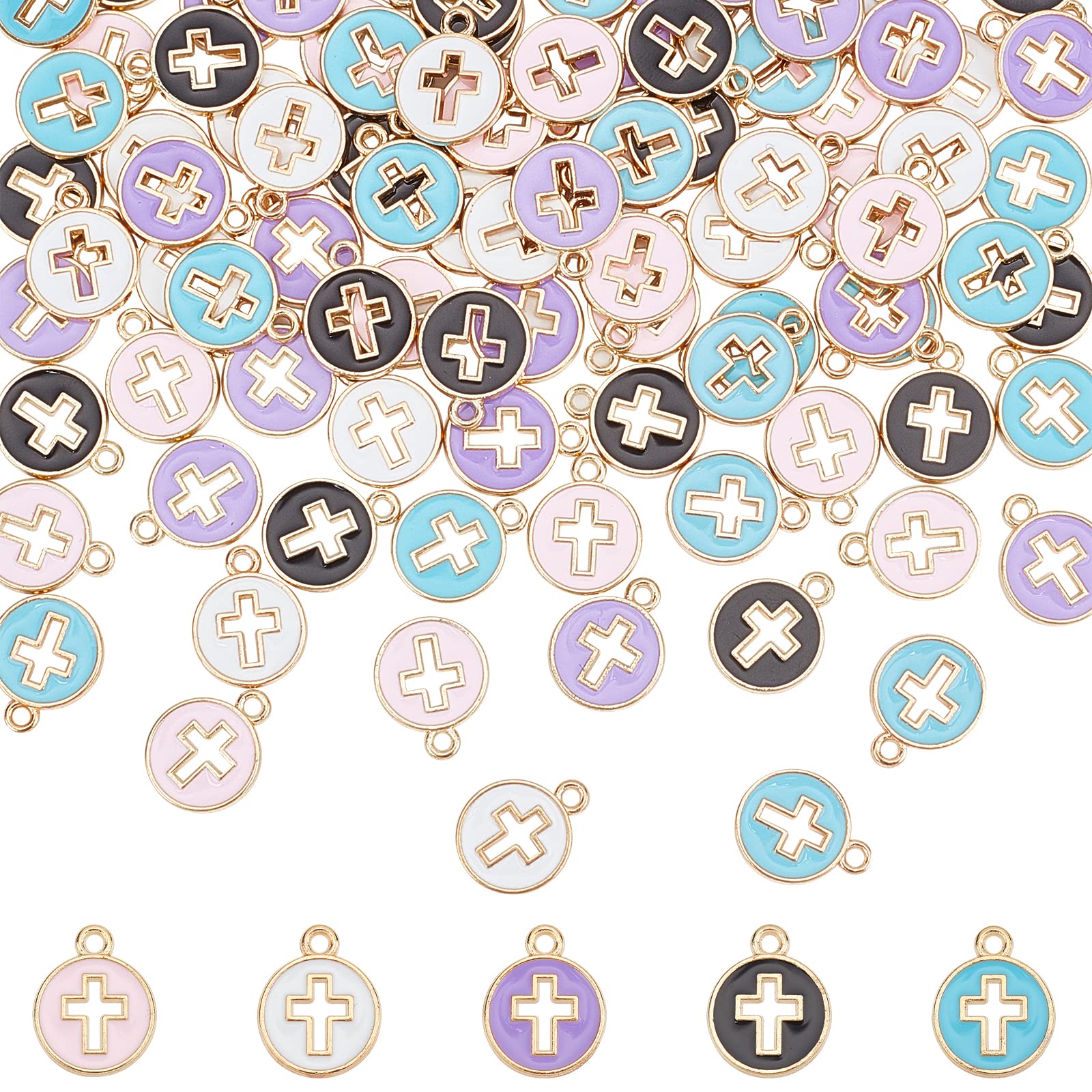 Nbeads 100 Pcs Croix Alliage Émail Pendentifs - 5 Couleurs Breloques Plaquées Or