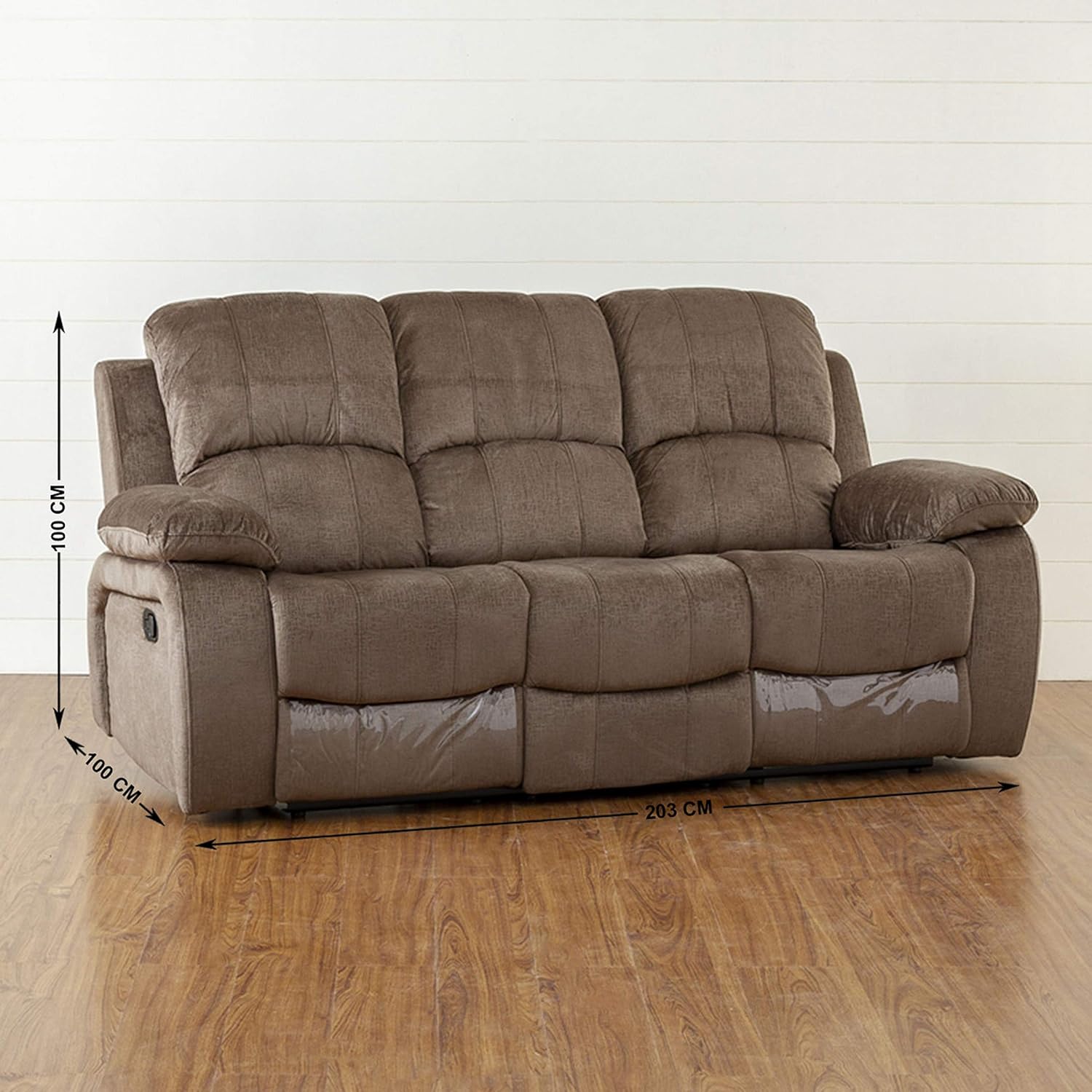 Home Centre Lawson Fabric Recliner with dimensions indicated