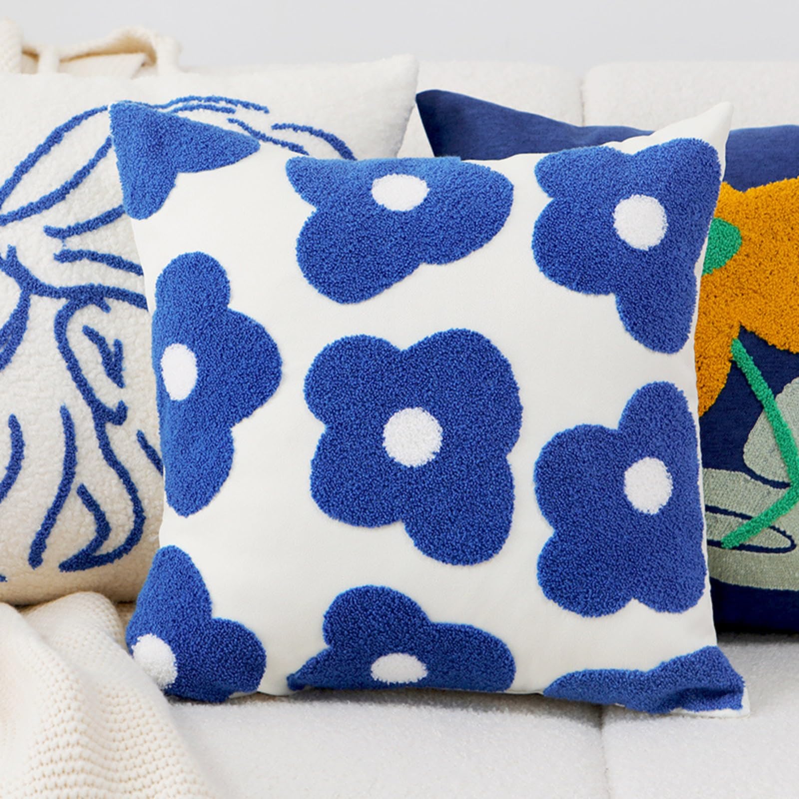 Housse de coussin bleu tufté géométrique pour décoration de lit de chambre