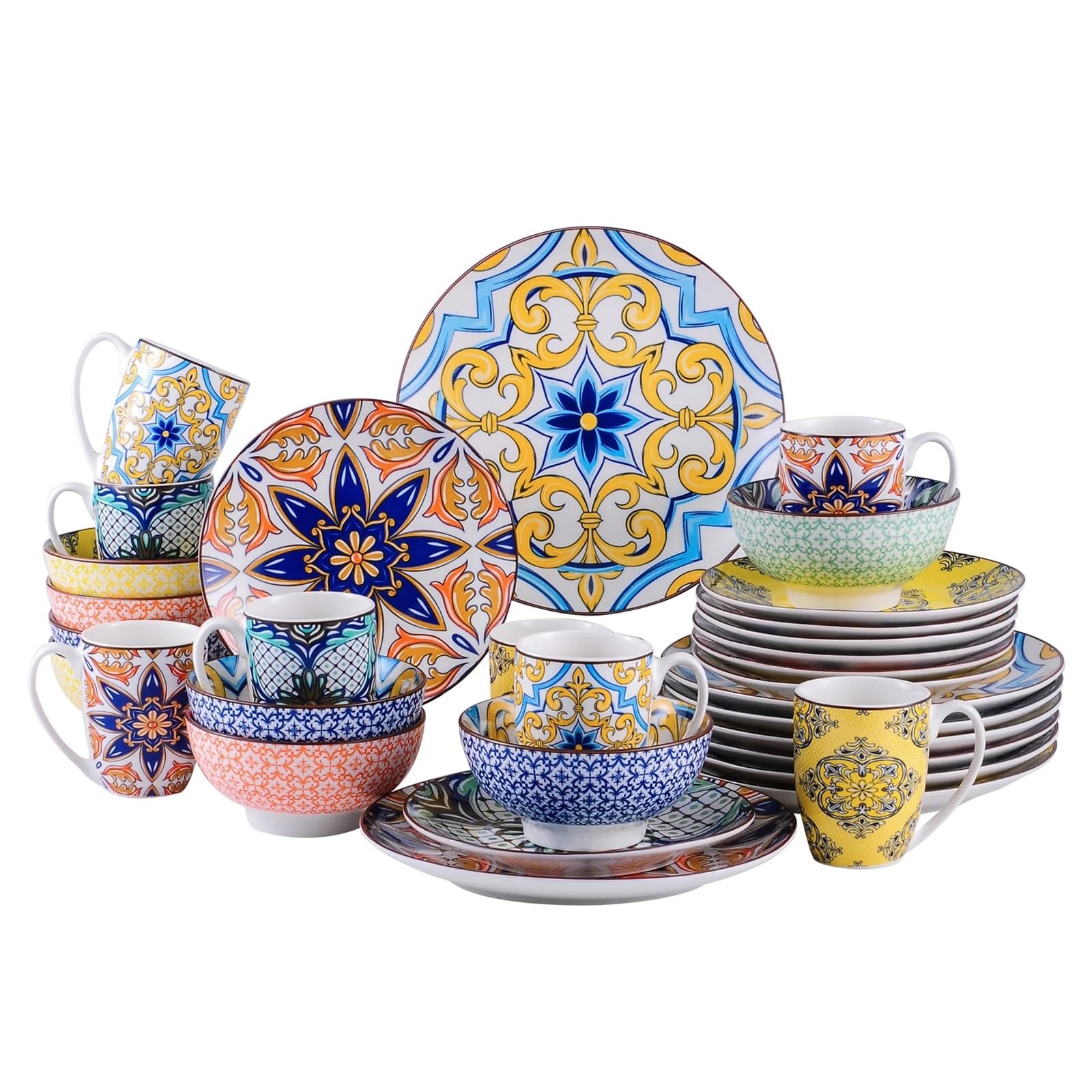 vajilla completa Juego de vajilla porcelana con diseño jazmín | Juego de vajilla de 16/32 piezas con plato llano, plato de postre, cuenco y taza(32-Piece)