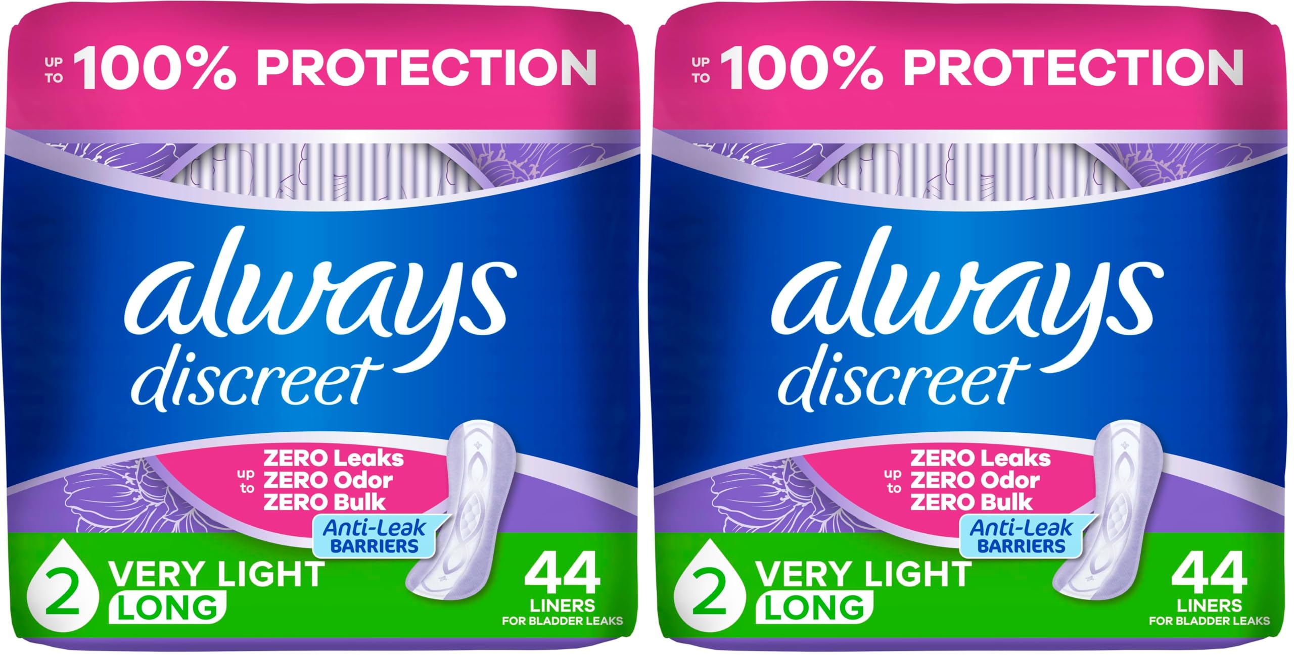 Always Discreet Adult Incontinence &amp; Postpartum Liners for Women, Size 2, Very Light Absorbency, Long Length, 44 Count (Packaging May Vary) (Pack of 2)