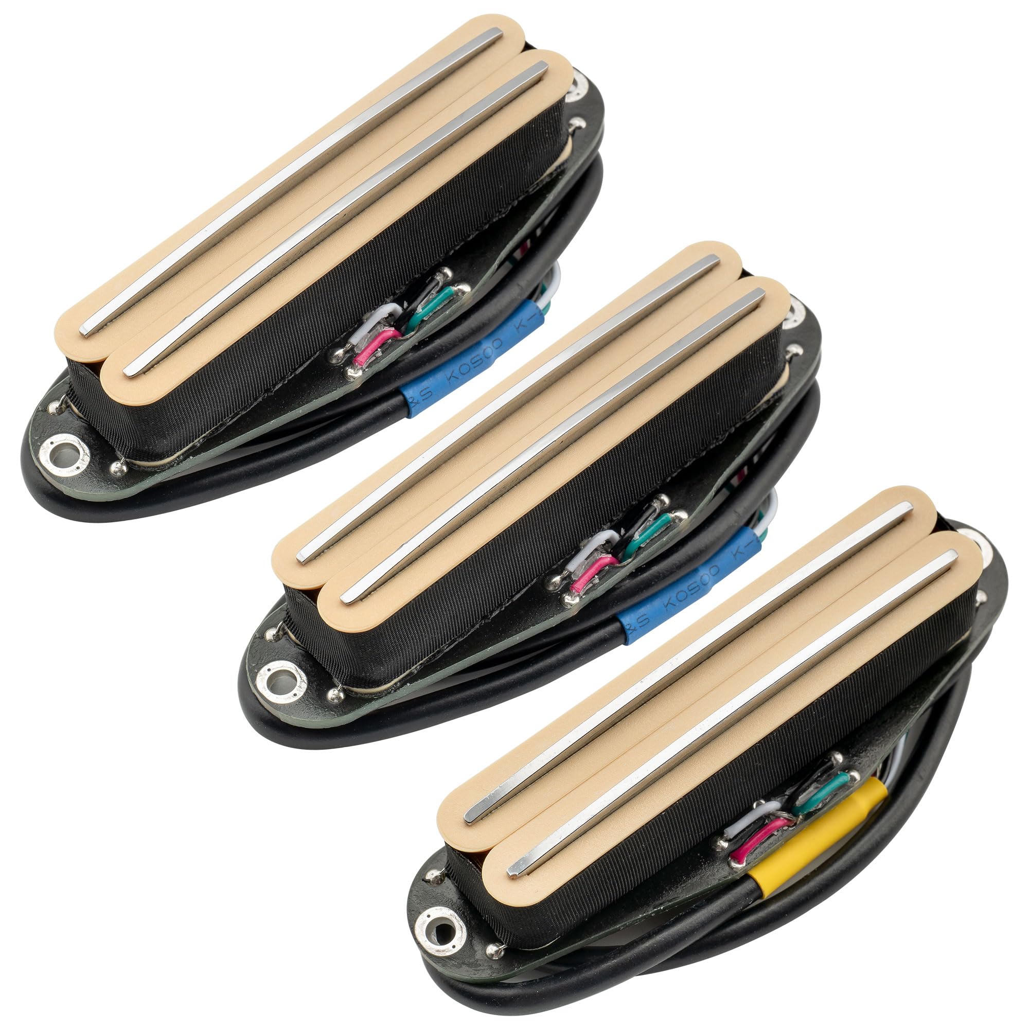 Musiclily Pro ST-DPHC Ceramic Dual Single Coil Sized Humbucker Super Distortion Neck Middle Bridge Pickups Set for Strat Style Electric Guitar, Cream Body Chrome Rail