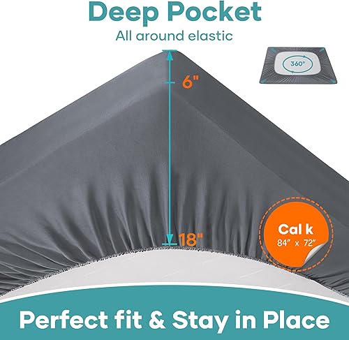 Miniatura 4 de Ohgeni Protector de colchón 100% impermeable, tamaño California King gris, sábana ajustada con bolsillos profundos, de 6 a 18 pulgadas, material