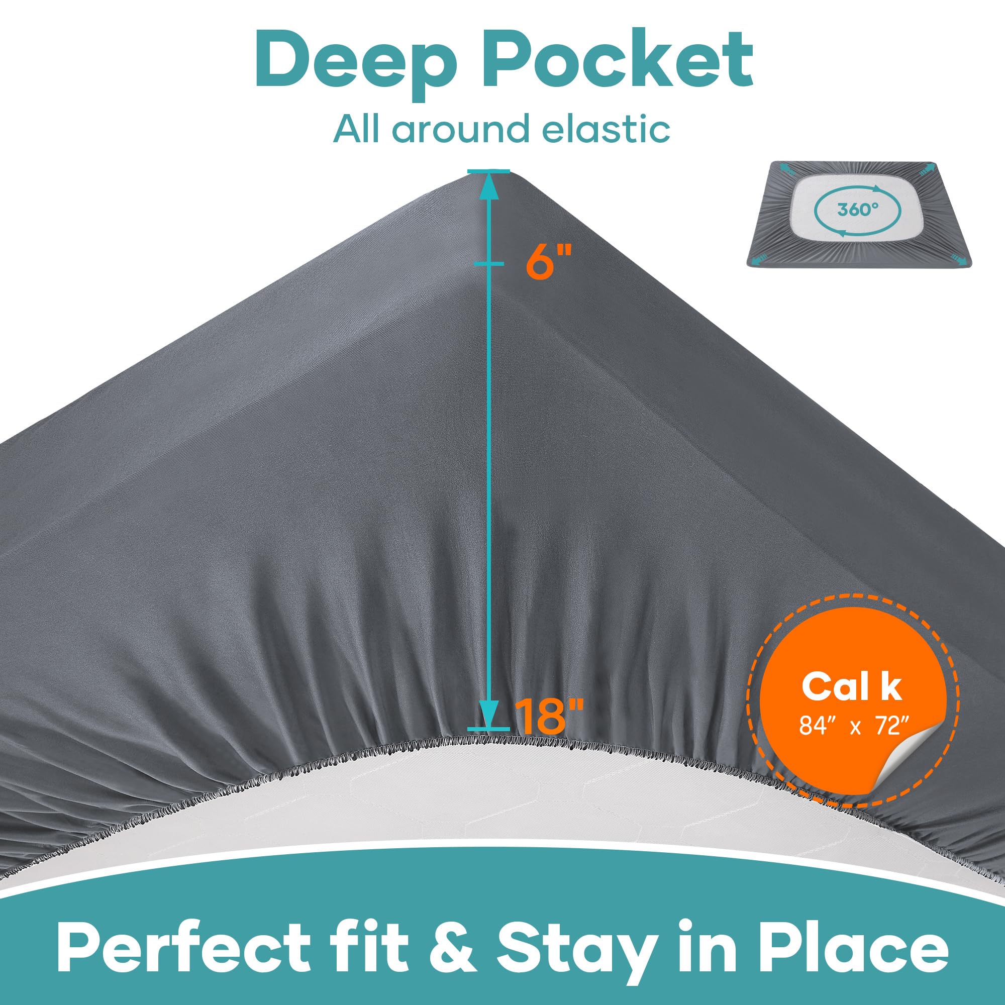 Ohgeni 100% Waterproof Mattress Protector, California King Grey Size, Fitted Sheet with Deep Pockets, 6''-18'', Premium Noiseless Breathable Soft Material, Mattresses Cover for Bed