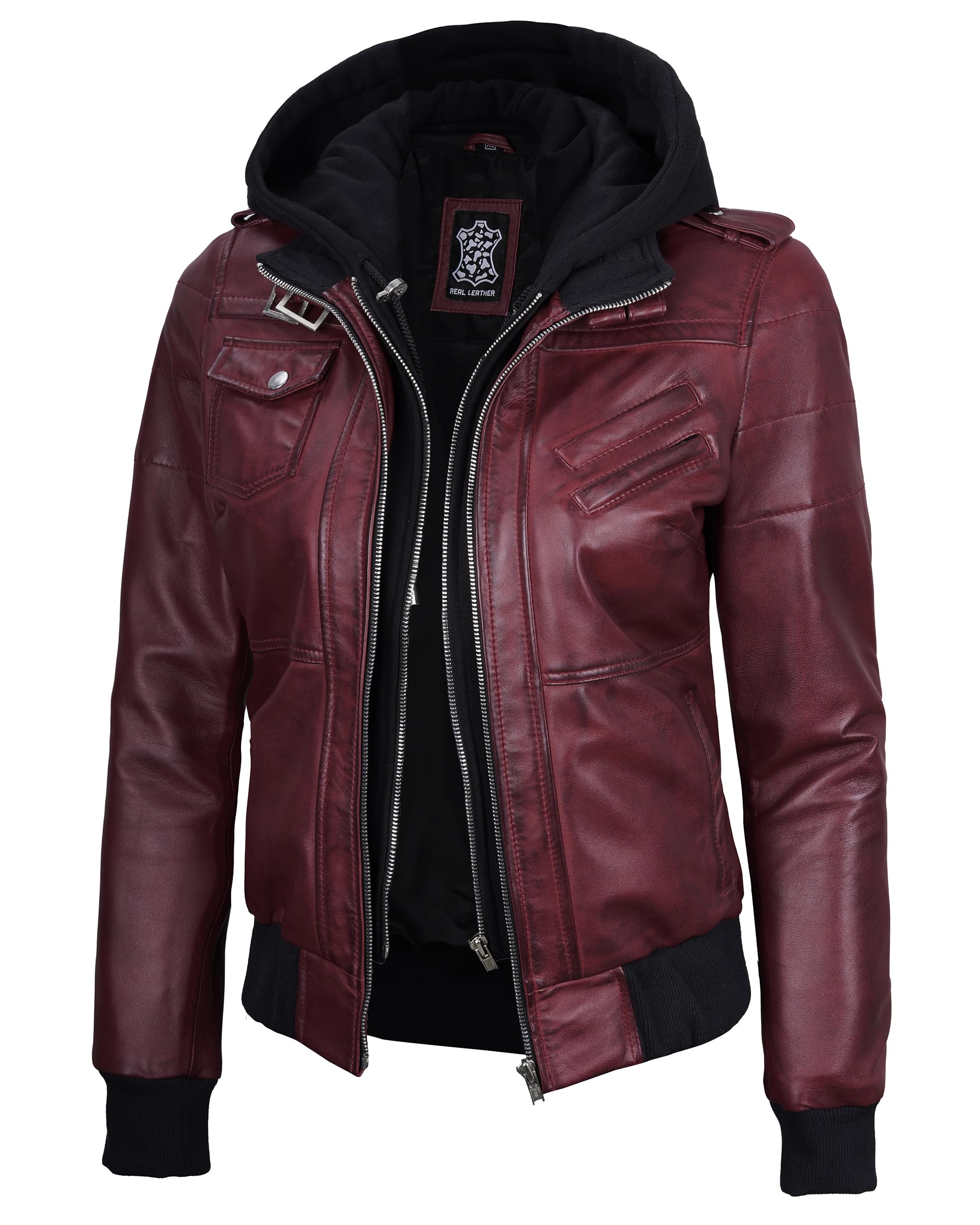 Decrum Detachable Hooded Leather Jacket Women - Real Lambskin Leather Bomber Jacket Women with Hood