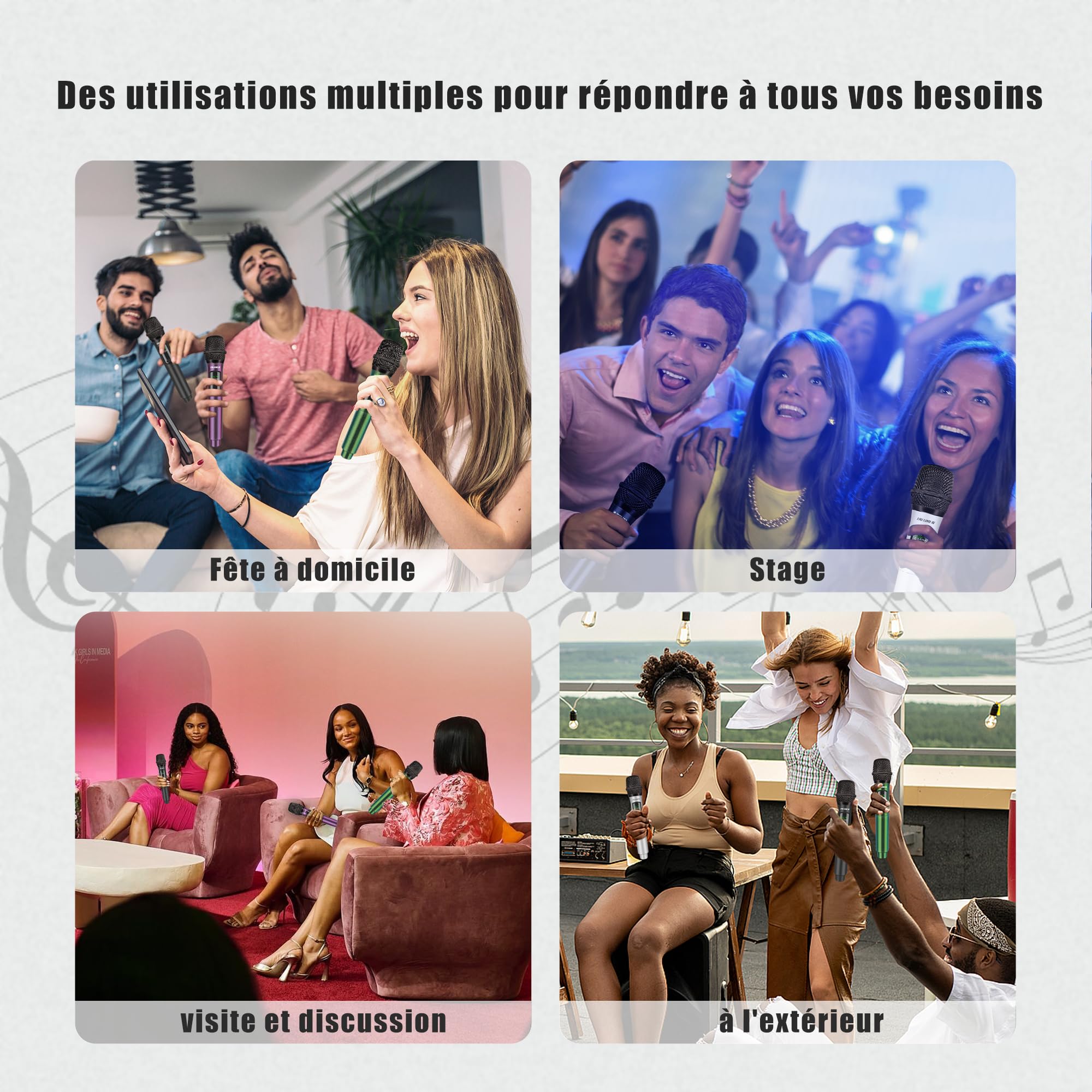 Talomen Microphone sans Fil Professionnel, Système de Microphones Quadruple 2,4 GHz, Micro Karaoké Dynamique Rechargeable avec Récepteur, Portée 160ft, K604 Argent Noir Vert Pourpre