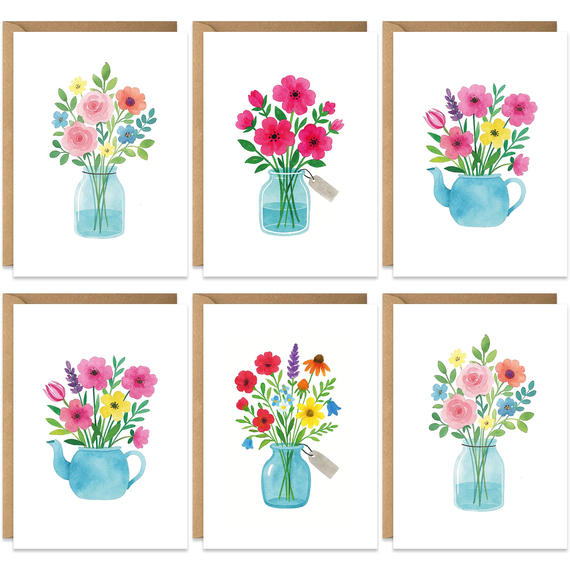 Set of 20 Blank Flower Cards, With Envelopes, Colourful Painted Floral Assorted Designs for Friends and Family, Bulk Pack for all Occasions, Eco Friendly, Blank Inside