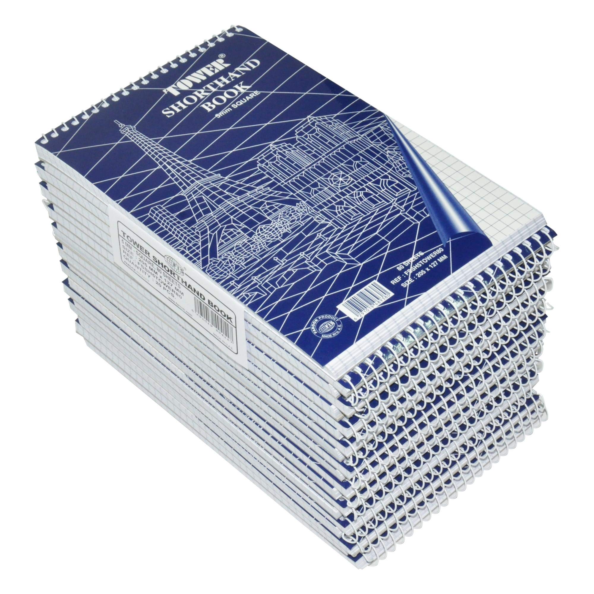 FIS Tower Shorthand Book, Top Spiral Binding, Size 205x127mm, 80 Sheets Per Pad, 5mm Square Gridlines Ruling, Packet of 20 Pieces Pad-FSSH5TOWER80