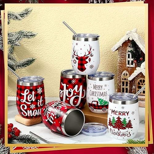 Miniatura 5 de Ziliny 6 vasos de vino de acero inoxidable de Navidad de 12 onzas, vaso de vino aislado divertido con tapa, popote y cepillo, tazas de vino aisladas