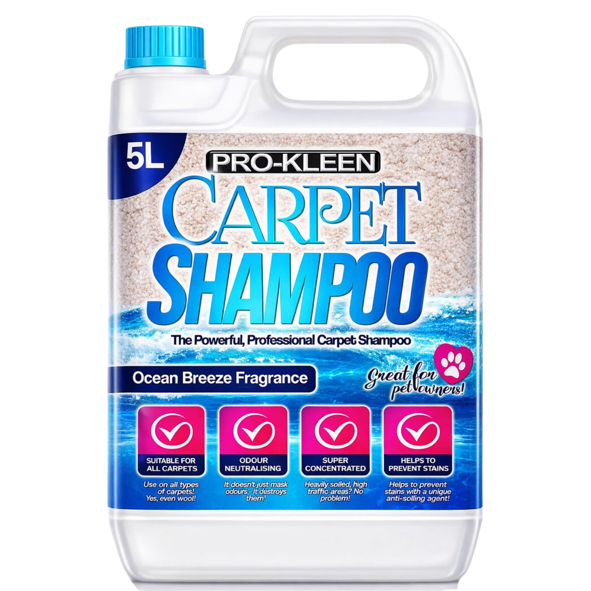 Pro-Kleen Clear Professional Carpet & Upholstery Shampoo – Ocean Fresh Fragrance 5L - High Concentrate Cleaning Solution - Suitable For All Machines