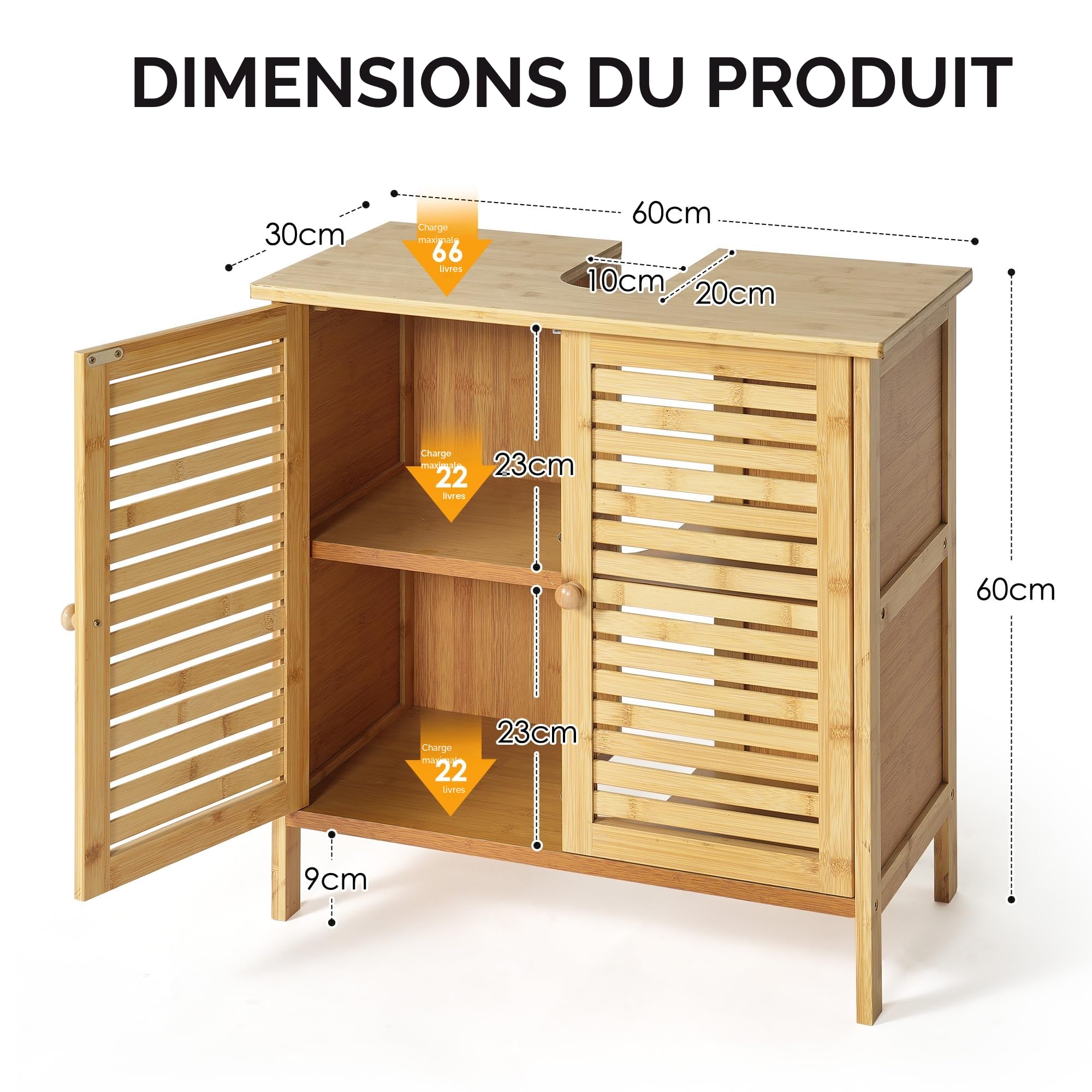 SogesPower Meuble de Lavabo en Bambou avec Portes et Étagères, Meuble Bas pour Lavabo, Meuble de Rangement de Salle de Bain