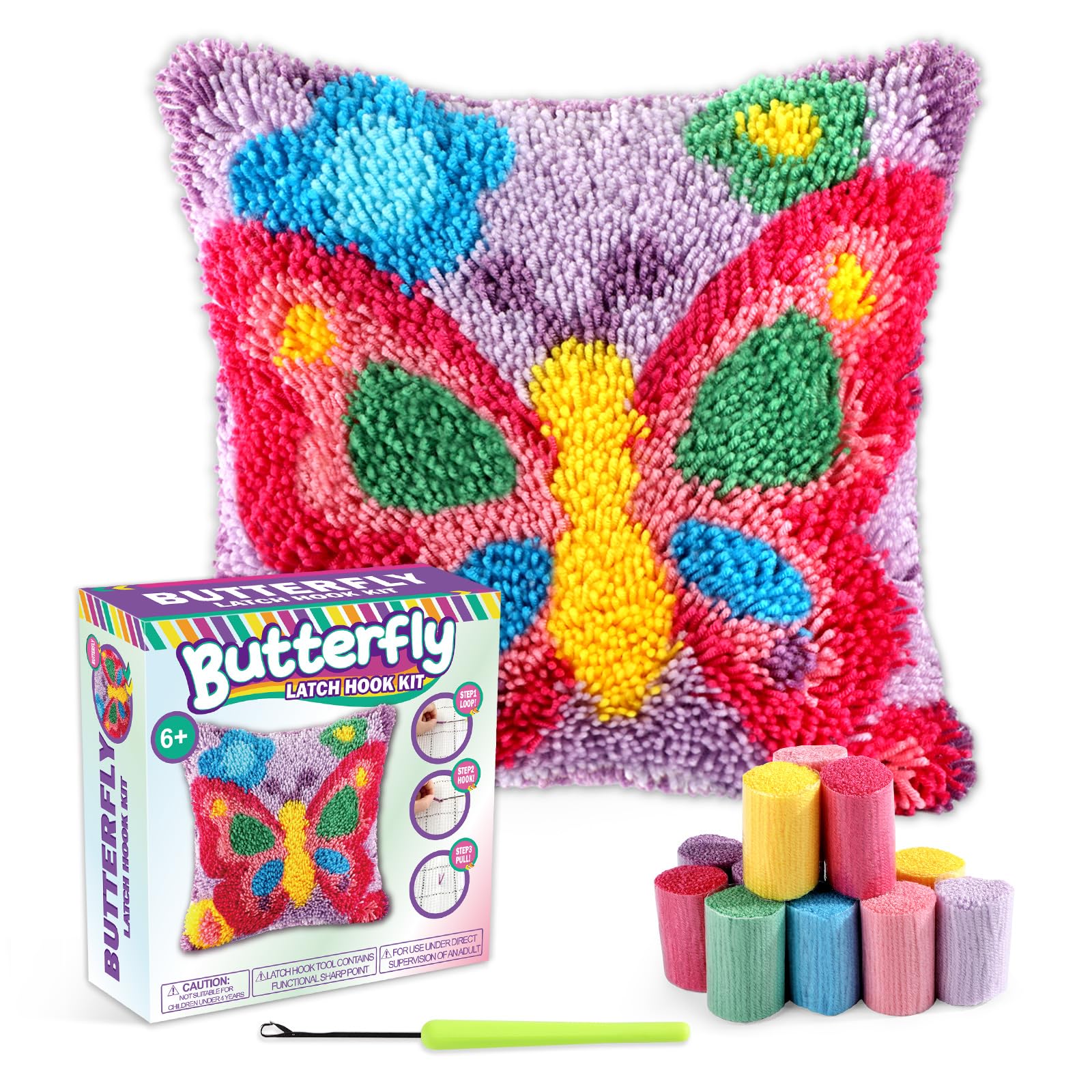 Butterfly Latch Hook Kit Butterfly Floral Pillow DIY Valentine Craft Kit for Kids Adults Beginners Making Your Own Pillow Craft Printed Pillowcase Crochet Yarn Art Handmade Cushion Gift for Sofa Decor