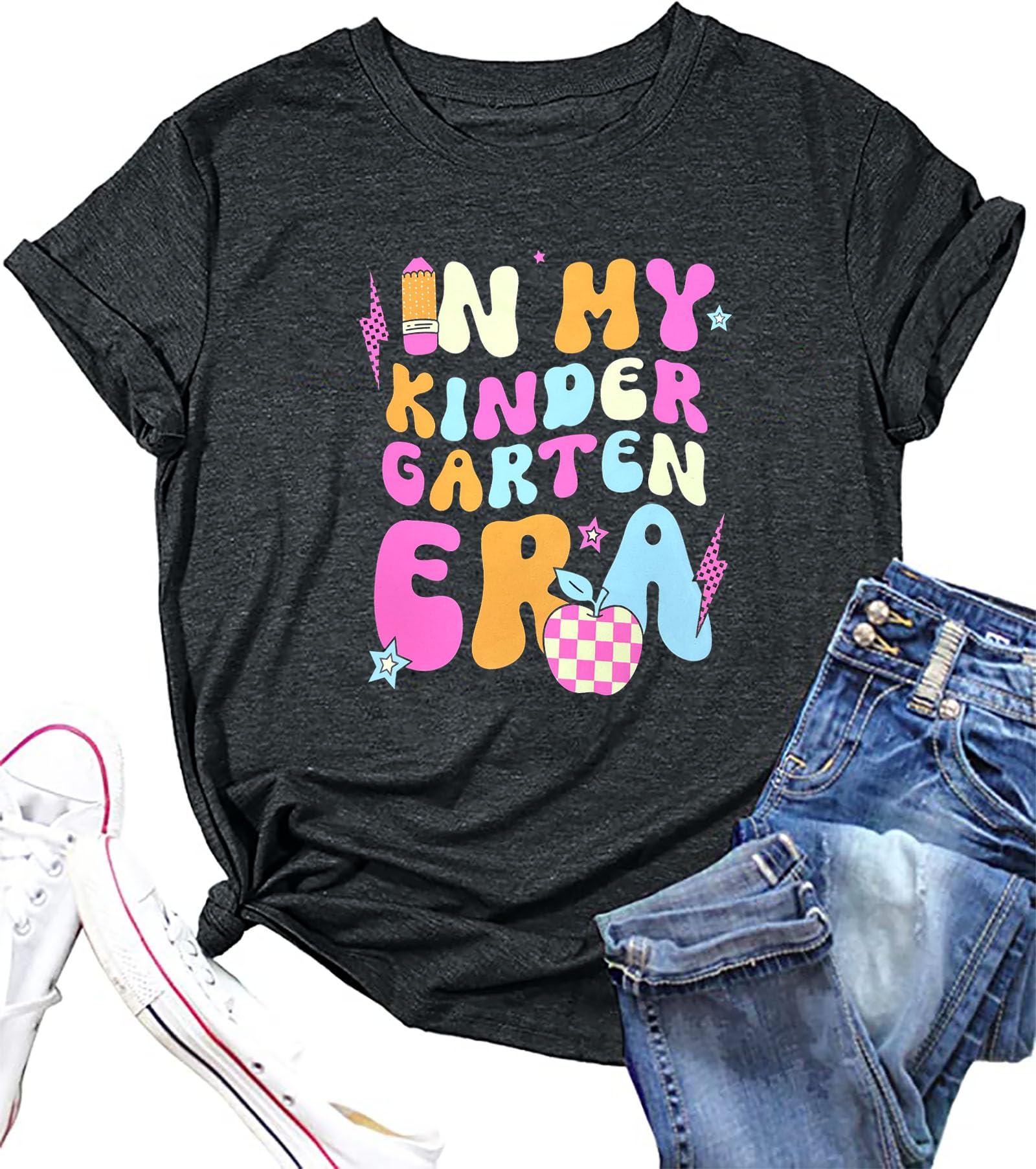 Women Teacher Shirt in My Kindergarten Era Tshirt Back to School Elementary Tees Teacher Appreciation Short Sleeve Tops