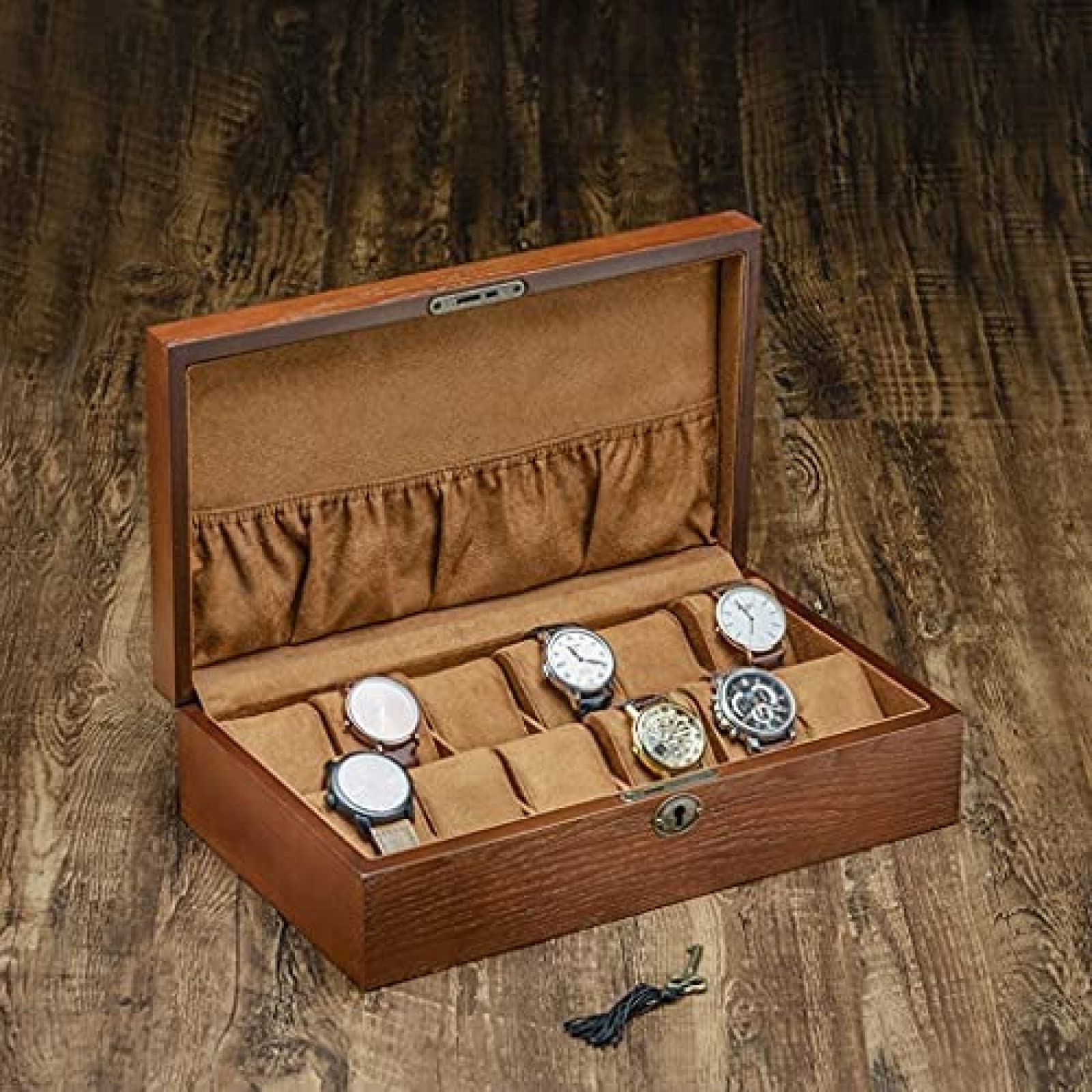 Caja De Reloj De Madera con 12 Ranuras, Caja De Almacenamiento De Reloj con Cerradura, Vitrina De Reloj Adecuada como Regalo para Coleccionistas De Relojes O Amigos,35×20×9.5cm
