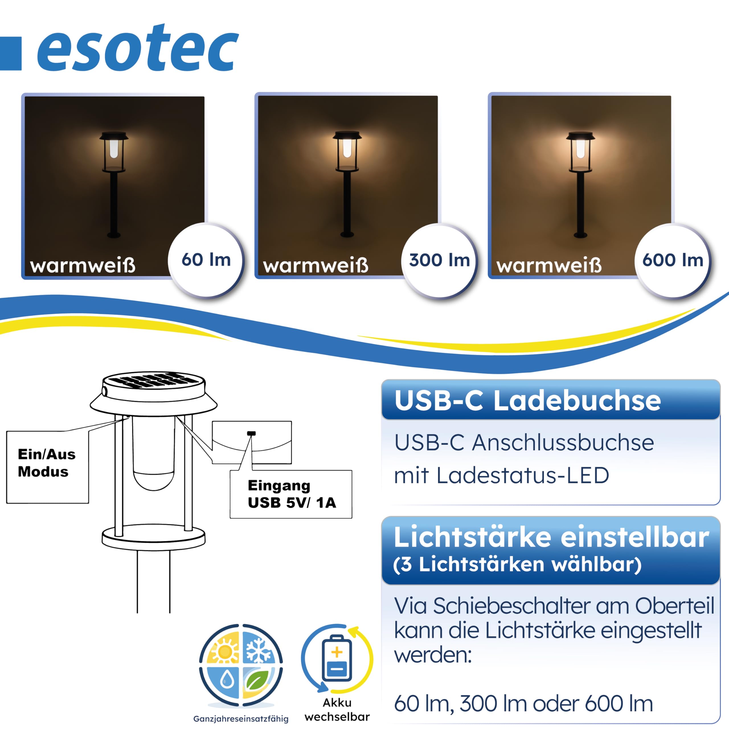 Esotec Solar-Standleuchte für außen SVENJA 73 | Edelstahl-Gehäuse | LiFePO4 Akku | USB-C | LED-Solar-Leuchte Solar Außenleuchte Gartenbeleuchtung Gartendeko | metall schwarz H=73,5cm 102930