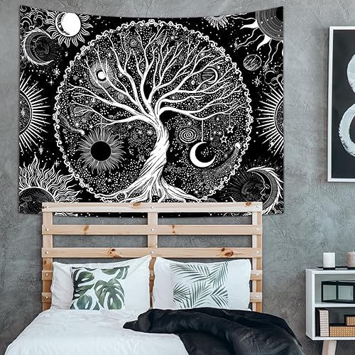 Miniatura 6 de Avinyl Tapiz de árbol de la vida para dormitorio, póster artístico en blanco y negro para colgar en la pared, tapiz gris oscuro con sol y luna,