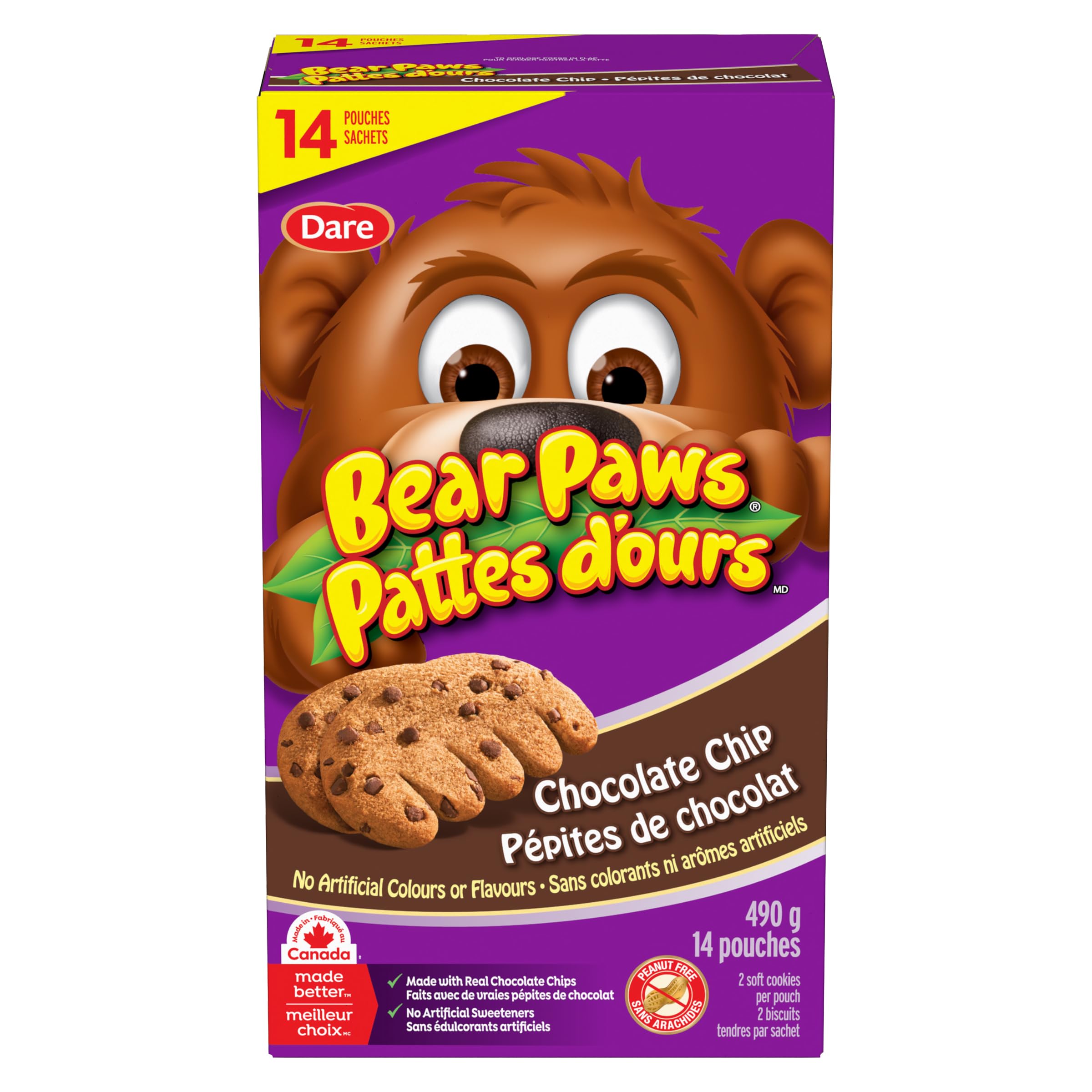 Bear Paws Chocolate Chip Cookies - Soft Cookie Snack Packs, School Snacks, Made With Real Chocolate Chips, Peanut Free, Family Pack, 490g, 14 Pouches - 5