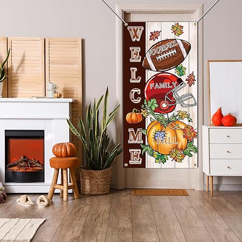Miniatura 2 de SENSEVEN Cartel de bienvenida de fútbol otoñal para puerta, cubierta de puerta de otoño con diseño de calabaza, decoración de puerta de otoño, gran