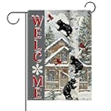Dyrenson Welcome Winter Decorative Garden Flag, Farmhouse Black Bear Cardinal White Birch Yard Outside Home Decoration, Rustic Christmas Snowy Wildlife Burlap Outdoor Small Decor Double Sided 12 x 18