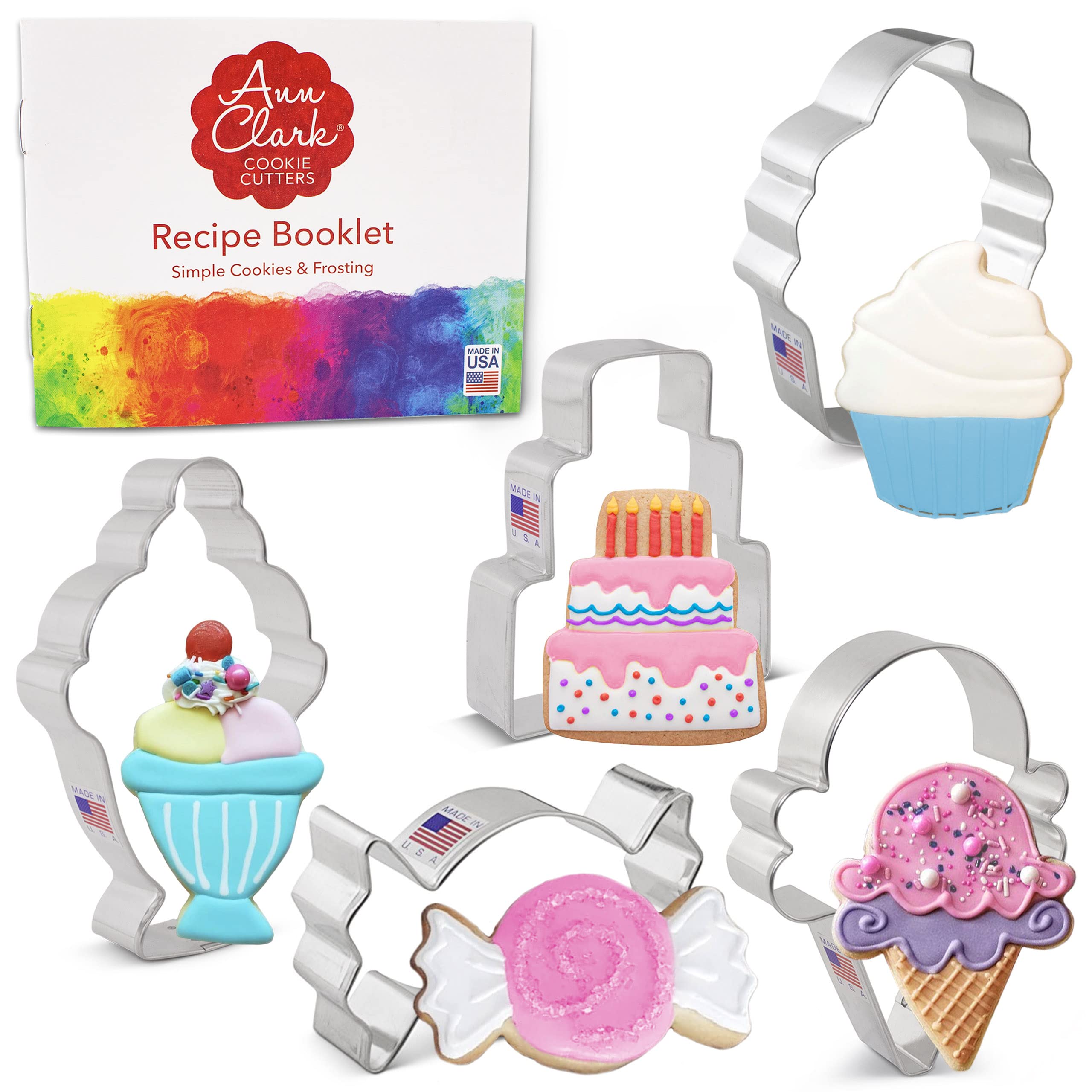 Aspiree Ann Clark Cookie Cutters 5-Piece Candy and Sweets Cookie Cutter Set with Recipe Booklet, Cake, Sundae, Cupcake, Ice Crea