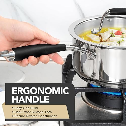 Miniatura 4 de MICHELANGELO Triply - Cacerola de acero inoxidable con tapa, 6 piezas, sartén de acero inoxidable con mango de baquelita, juego de cacerolas