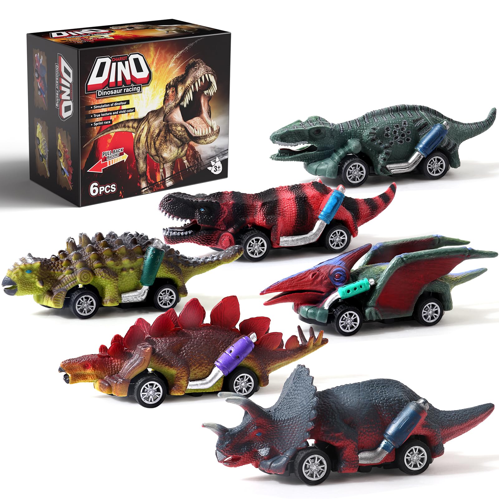 AIQI Dinosauro Macchinine Giocattoli per Bambini, 6 Pezzi Dinosauro Giocattolo Tirare Indietro Auto, Auto Pull Back con Dinosauri Giocattolo Regali per Ragazzi Ragazze di 3 4 5 6 7 8 Anni