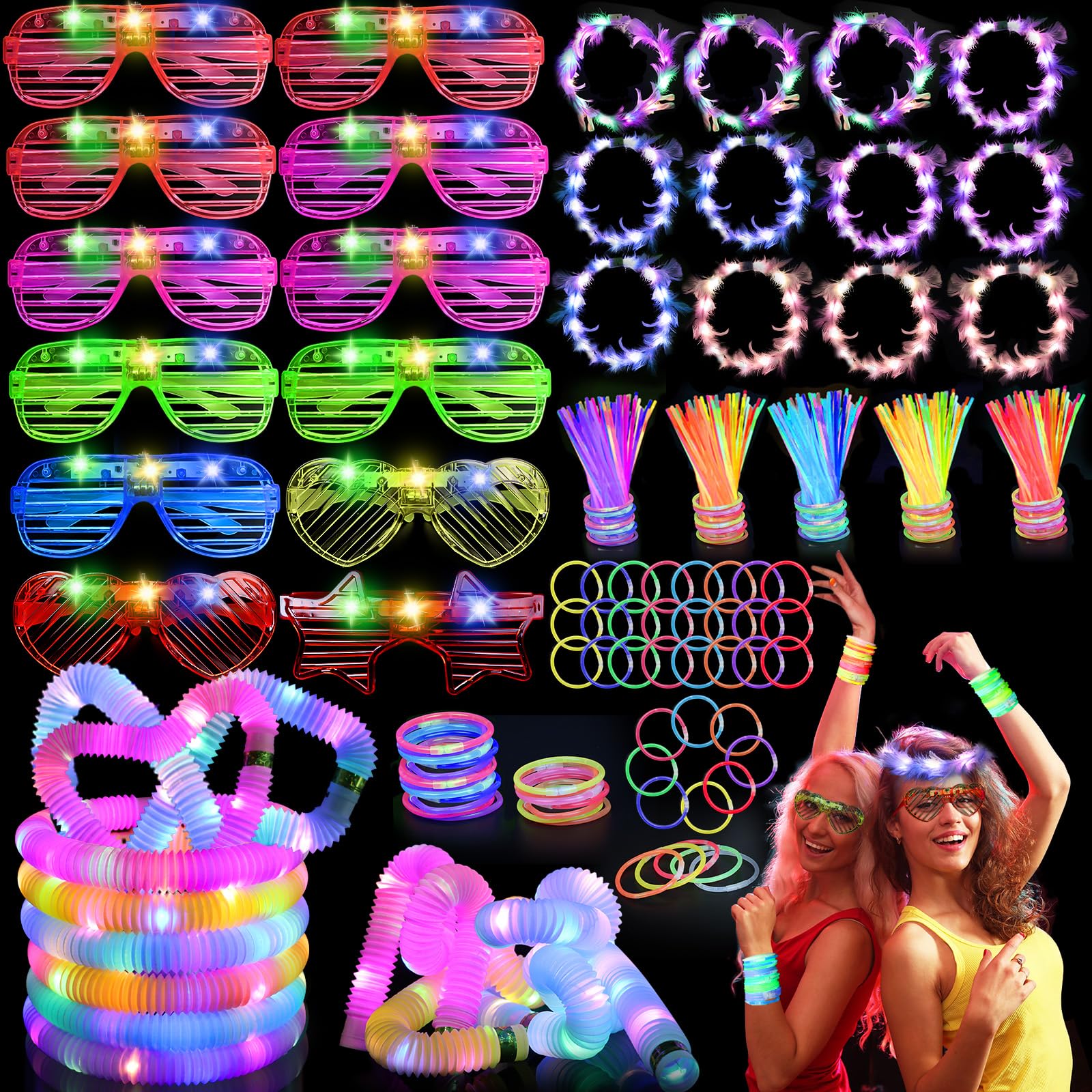156 PCS Glow in the Dark Valentines Day Party Supplies, 12 Light Up Pop Tubes, 12 LED Glasses, 12 Light Up Headband, 20 Finger Lights and 100 Glow Sticks, Neon Party Favors for Glow Party, Birthday