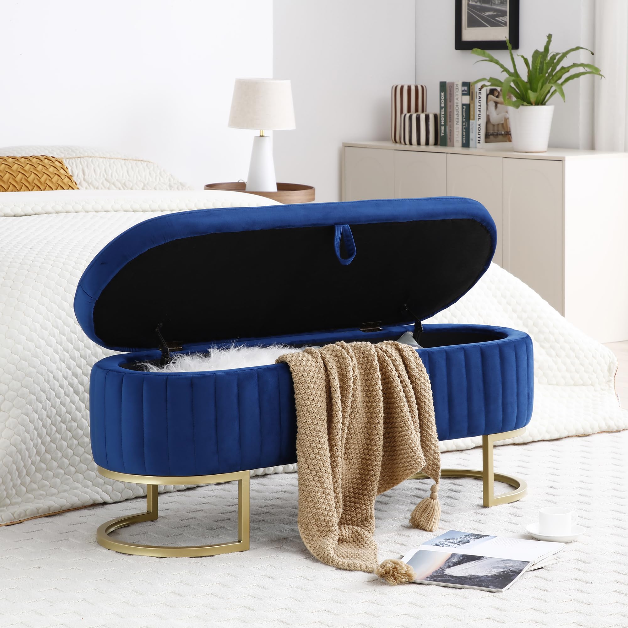 50 inch Wide Storage Ottoman Bench, Velvet Fabric Upholstered Storage Bench with Gold Legs, Modern End of Bed Bench for Bedroom, Living Room, Entryway, Blue