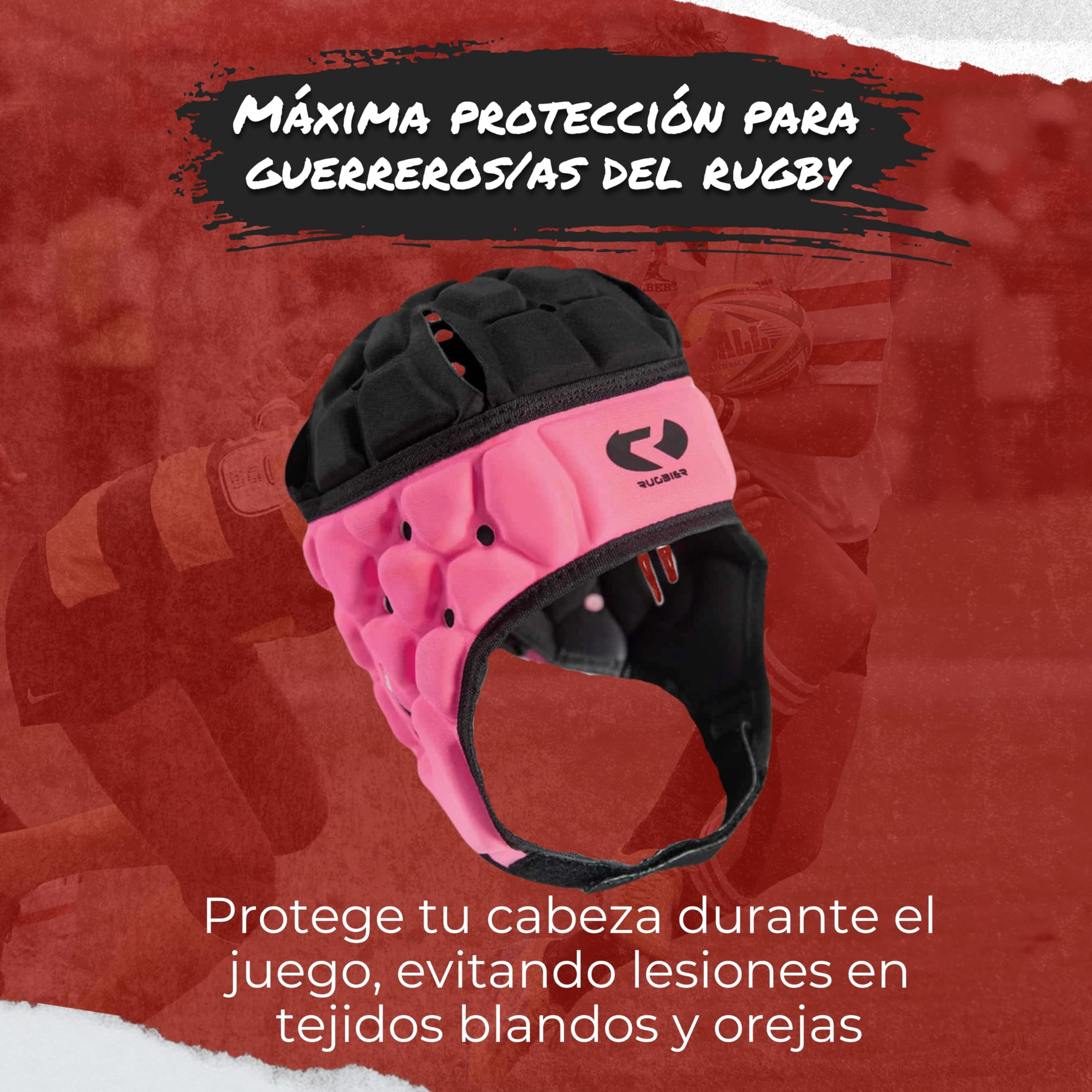 Casco de Rugby Profesional Air-Pro - Adultos y Jóvenes Unisex - Ajustable - Protector de Cabeza Acolchado - Modelo Rosa/Negro