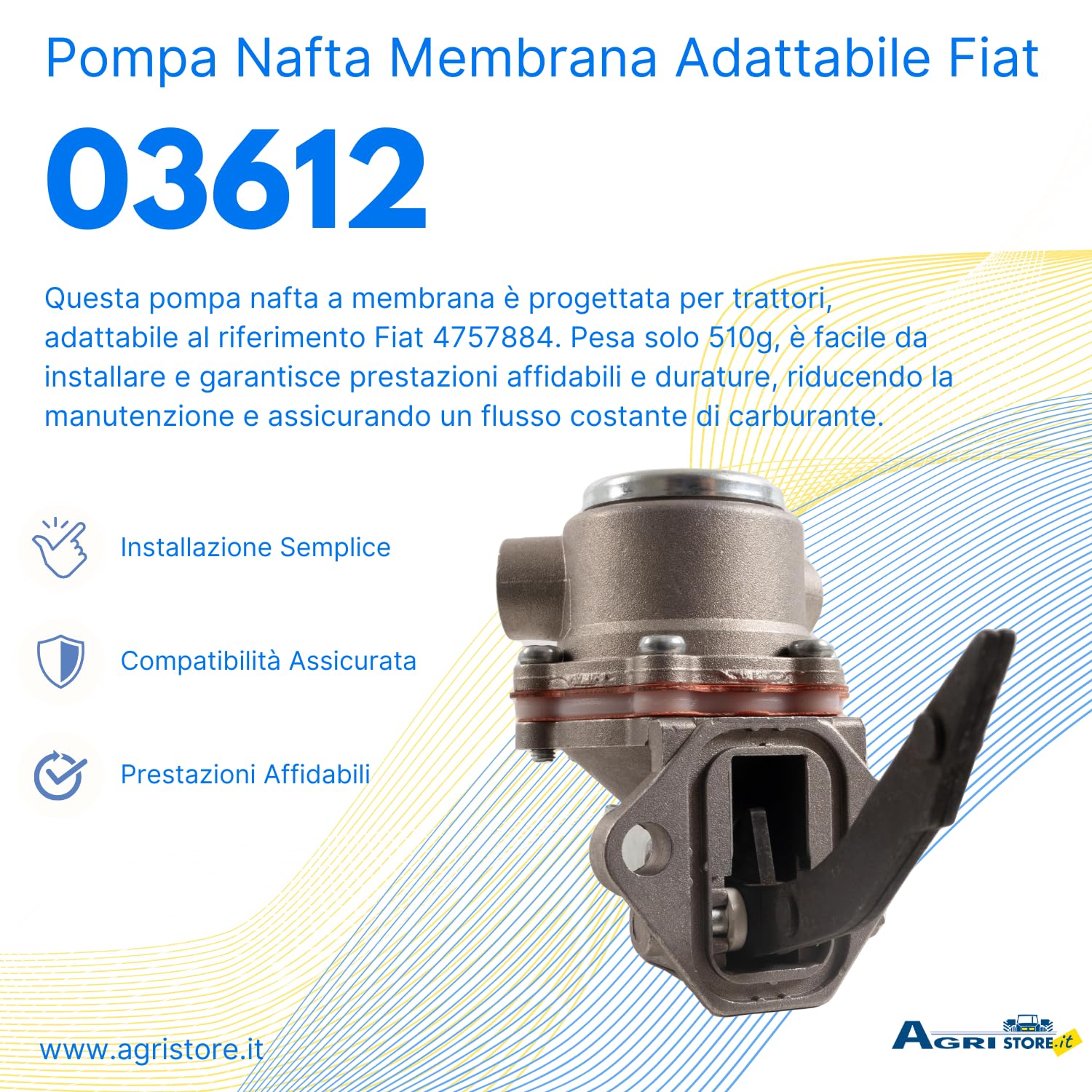 Ama Pompa Nafta a Membrana Adattabile Fiat 4757884, Pompa per trattori da Agricoltura, Peso 510 g