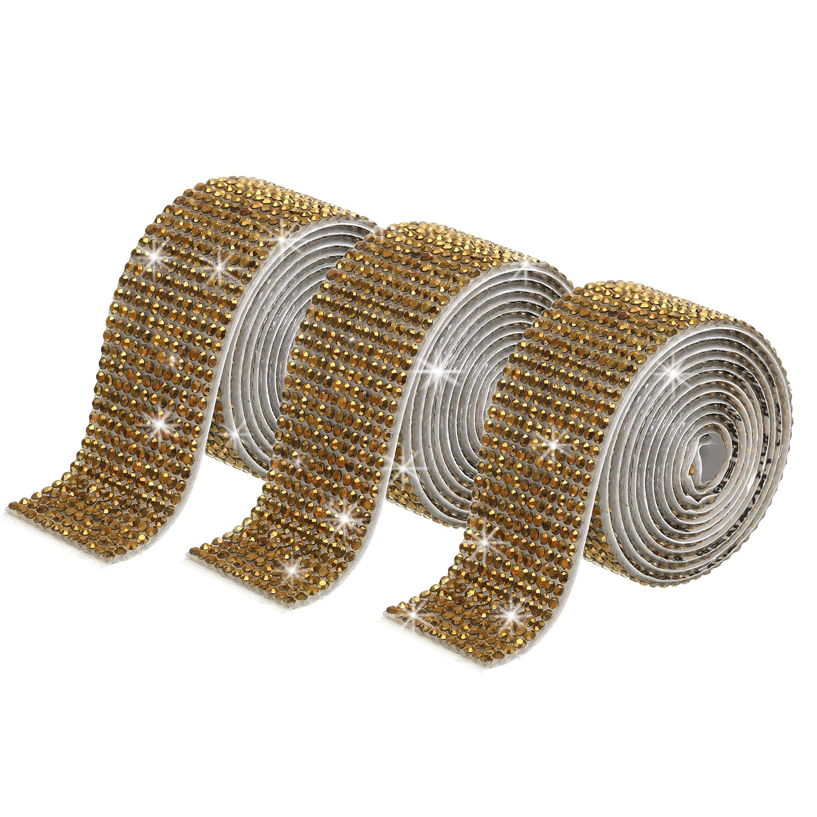 sourcing map 3 Rolls 3 Yards 27mm Self Adhesive Crystal Rhinestone Diamond Ribbon for Arts & Crafts Project, Wedding Cakes, Birthday Decorations Gold