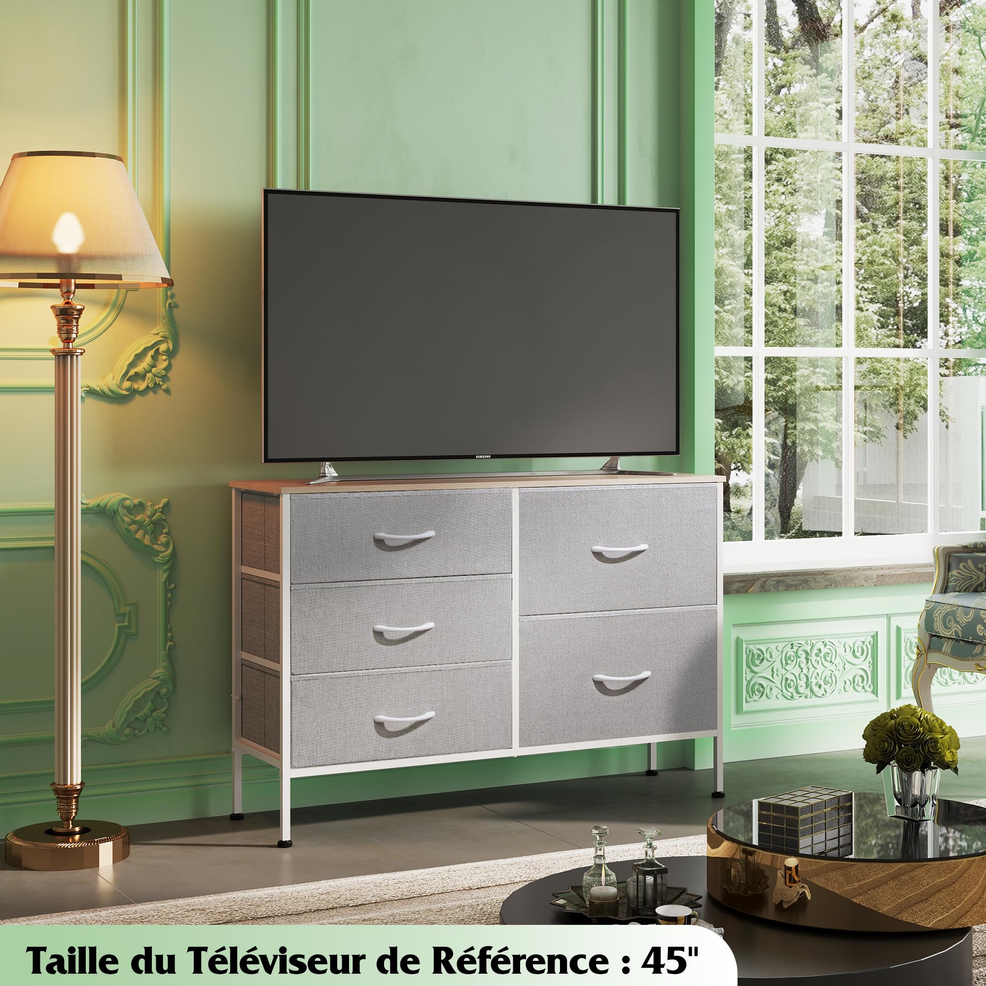 WLIVE Commode pour Chambre 5 Tiroirs, Grande avec Organiseurs, en Tissu pour Salon, Placard, Couloir, Gris Clair