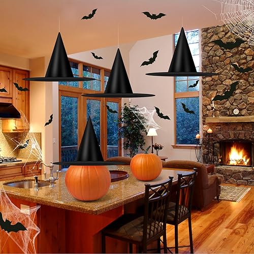 Miniatura 7 de 10 sombreros de bruja colgantes negros de Halloween con cuerda colgante de 328.1 ft, 16 piezas de murciélagos 3D, accesorios de disfraz para fiesta