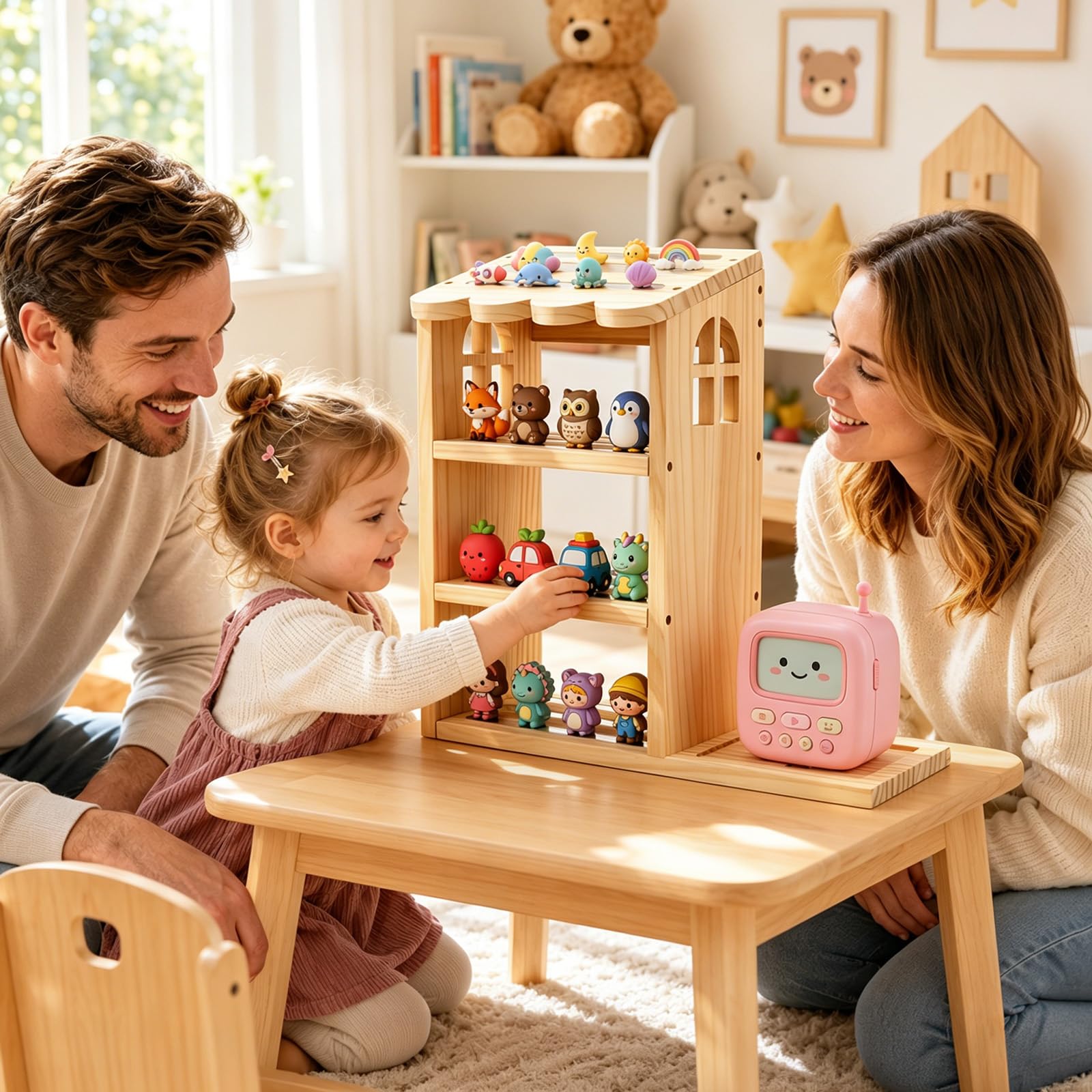 Scaffale magnetico a forma di casa, con 4 ripiani, organizer per 70-80 personaggi, scaffale da parete e mensola da tavolo per cameretta dei bambini, compatibile con scaffale della stazione di