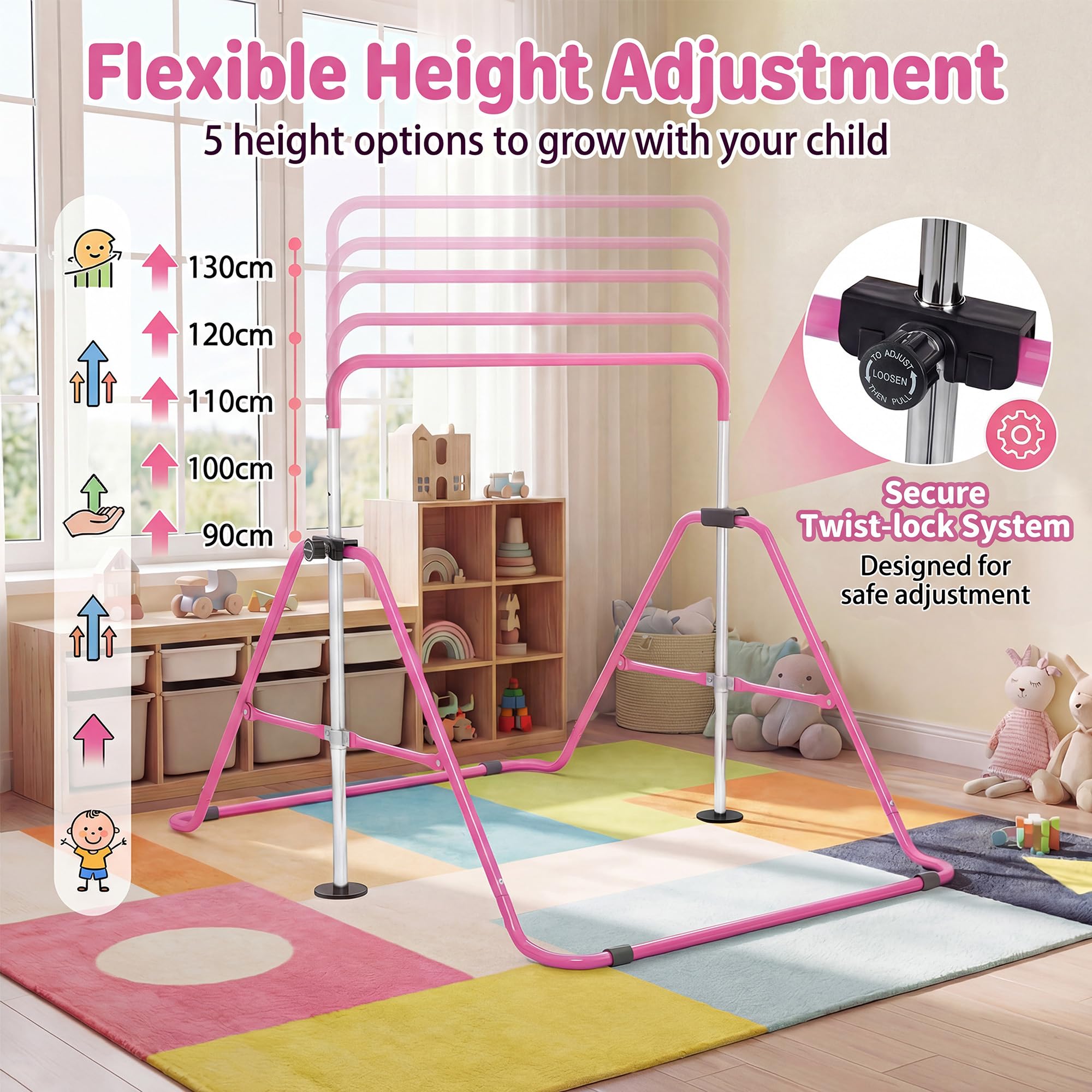 KOMFOTTEU Barra da ginnastica pieghevole per bambini, barra orizzontale con altezza regolabile in 5 livelli da 90 a 130 cm, carico di 70 kg, attrezzatura portatile per allenamento per interni esterni