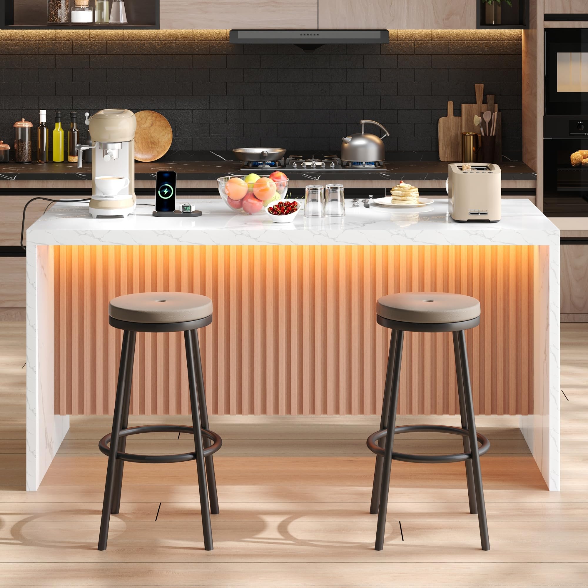 Merax Isola da cucina autoportante con piano di lavoro frontale in marmo da 40 mm, isola da cucina con LED, presa 2 prese, 2 USB, moderno tavolo da bar per cucina, sala da pranzo, 155 x 80 x 90 cm
