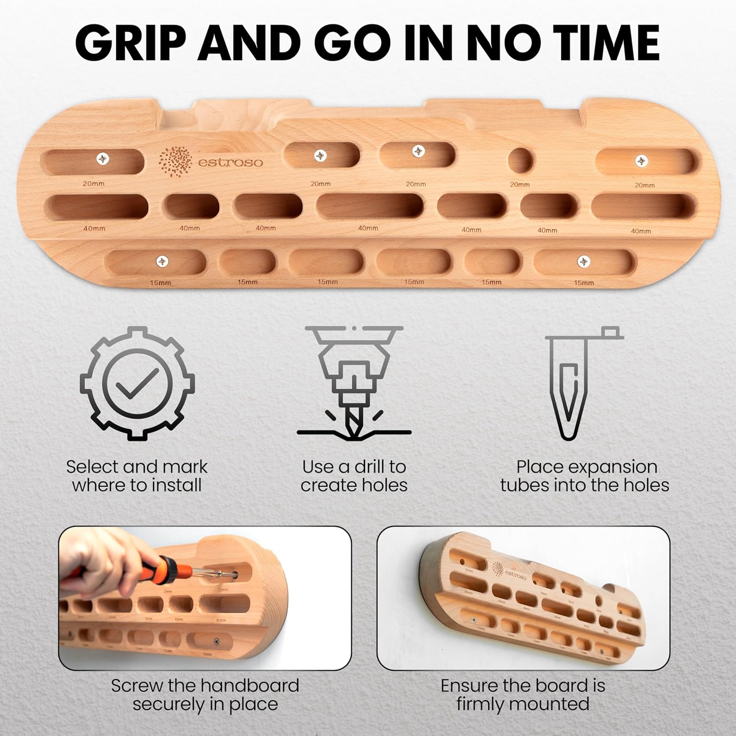 ESTROSO Wooden Hangboard - Training Hang Board with Adjustable Grip Depths, Grip Strengthener, Forearm Exerciser, Pull Ups - Climbing Fingerboard with Installation Kit