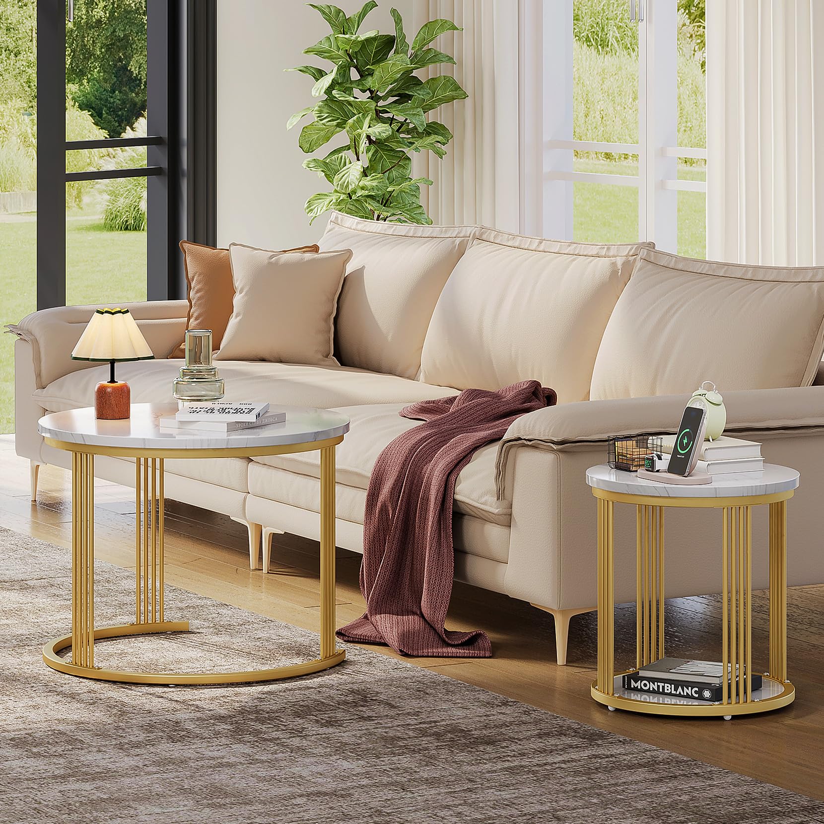 Dripex Set di 2 tavolini rotondi, con vano portaoggetti, telaio in metallo e piano in marmo, tavolino a forma di C per divano, camera da letto, ufficio, bianco