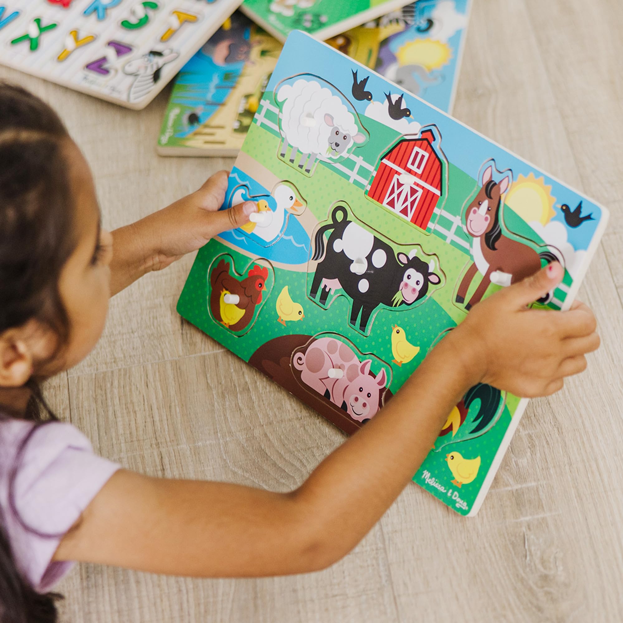 Melissa & Doug Set di 3, Puzzle con Pioli in Legno - Animali della fattoria, Safari e Veicoli, Giochi in legno, Giocattoli per lo sviluppo, 3+, Regalo per bambini e bambine